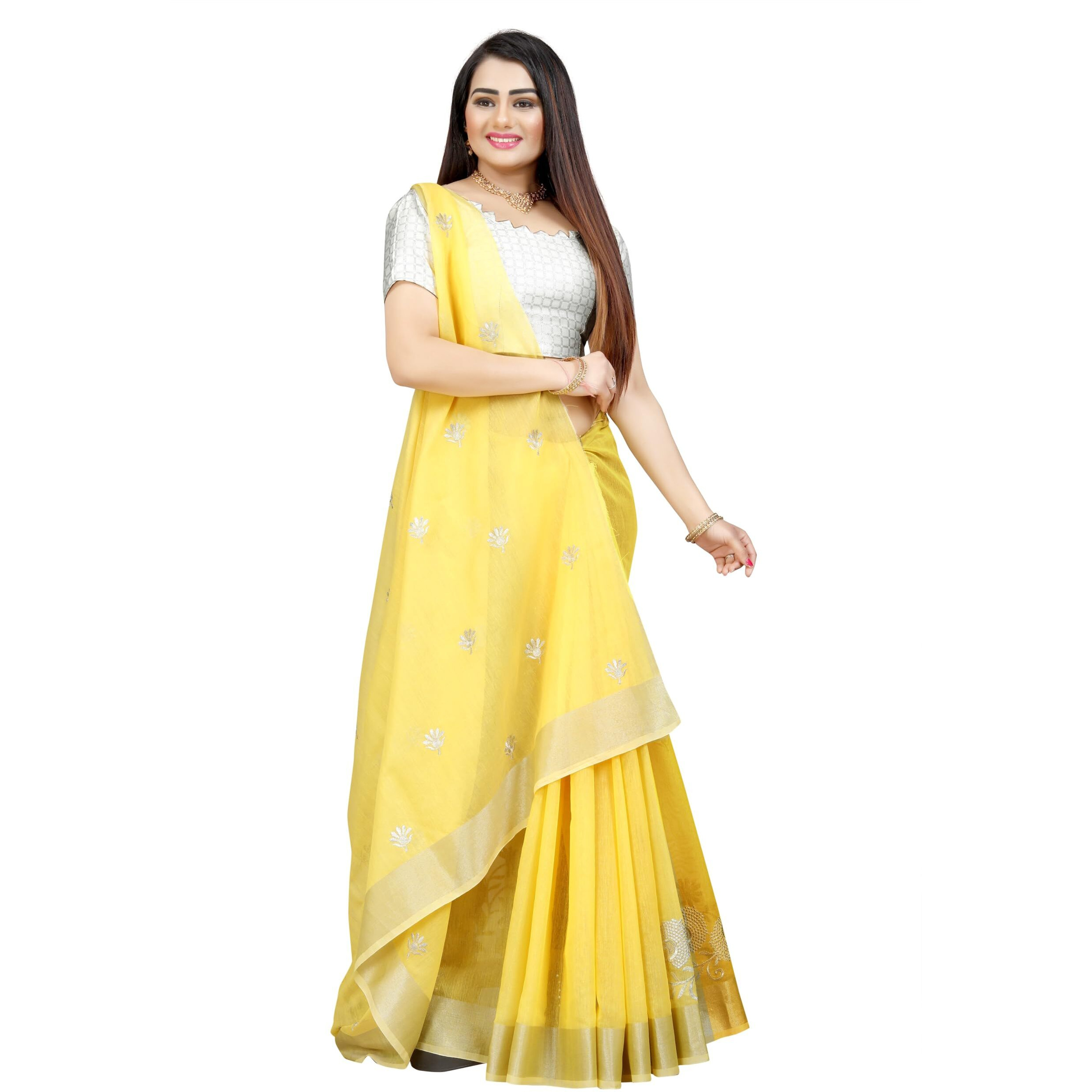 Indian Fashionista Stylish Cotton Silk Casual Wear Saree With Unstitched Blouse Piece For Women (Yellow)