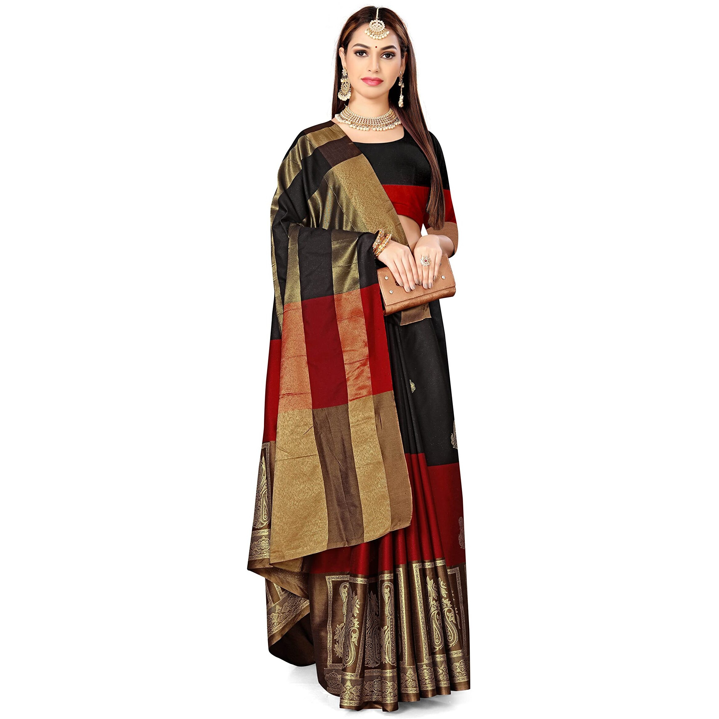 GRECIILOOKS Womens Cotton Blend Half & Half Women Saree For Women (BLACK)