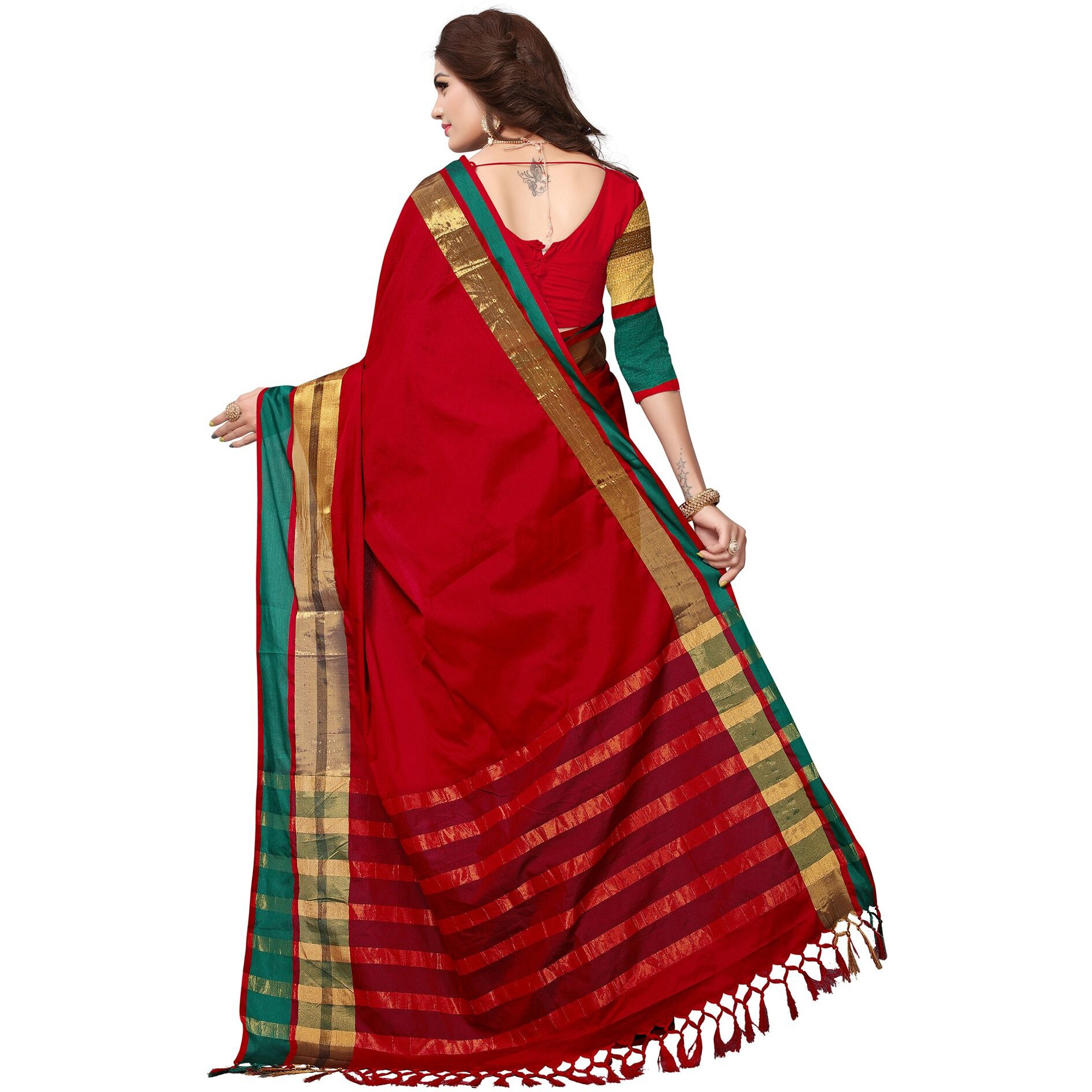 SAREE MALL Womens Cotton Silk Saree With Unstitched Blouse Piece (8Aura8003_Maroon)