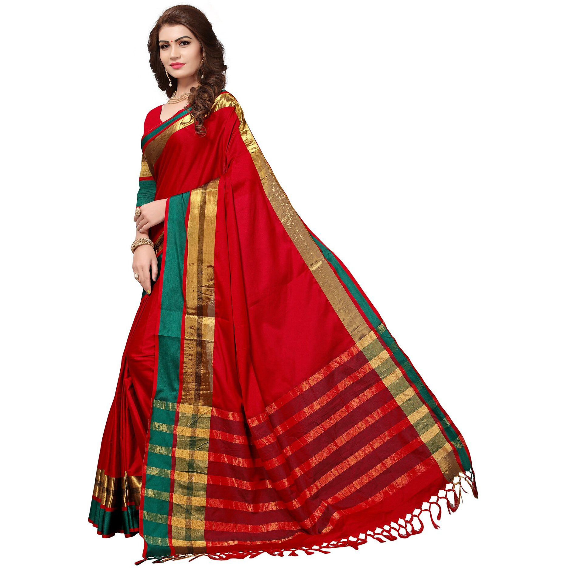 SAREE MALL Womens Cotton Silk Saree With Unstitched Blouse Piece (8Aura8003_Maroon)