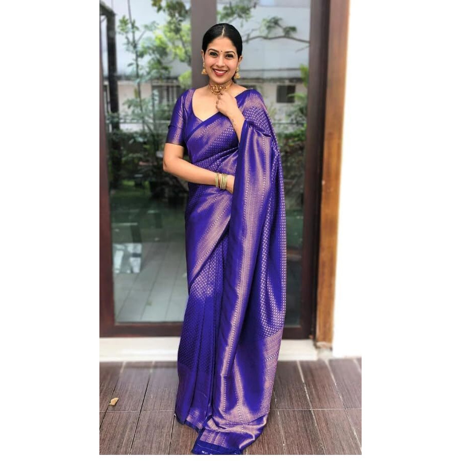 C J Enterprise Womens Banarasi Saree Pure Kanjivaram Silk Saree Soft Design Wear Pattu Sarees Party Latest With Blouse Piece Kanchipuram for Wedding sadi new Sari 2024 2023 (DevRatna Royal Blue)