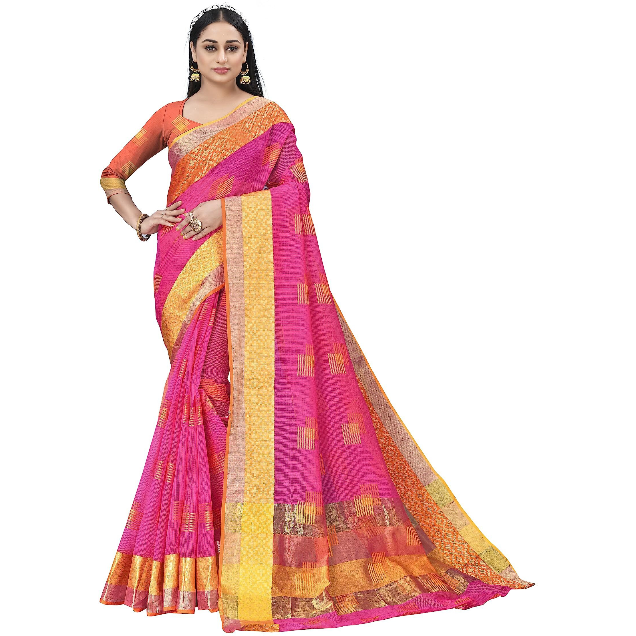 Sidhidata Womens Embroidered Cotton Linen Silver Zari Patta Saree With Unstitched Blouse Piece (Z Rani)