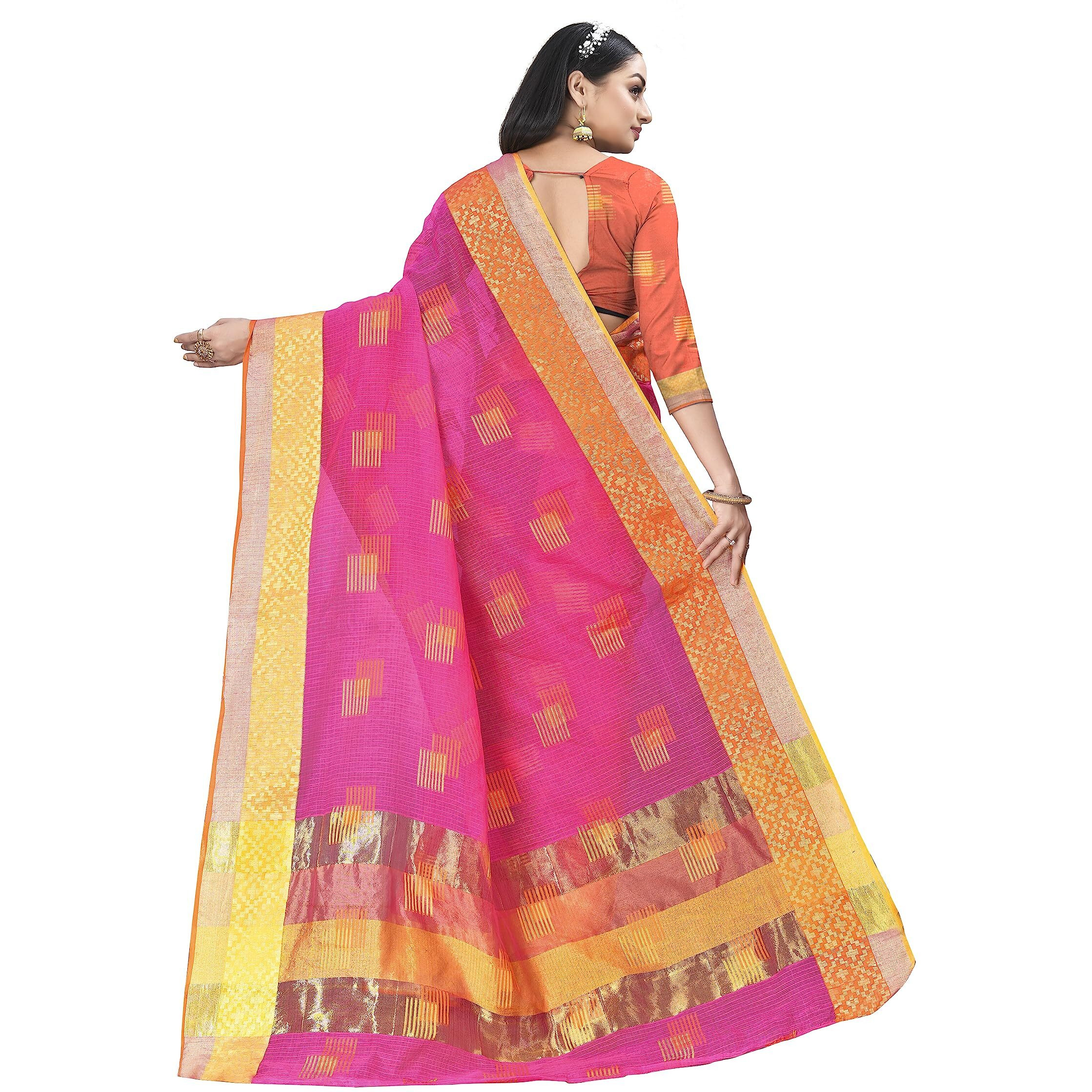 Sidhidata Womens Embroidered Cotton Linen Silver Zari Patta Saree With Unstitched Blouse Piece (Z Rani)