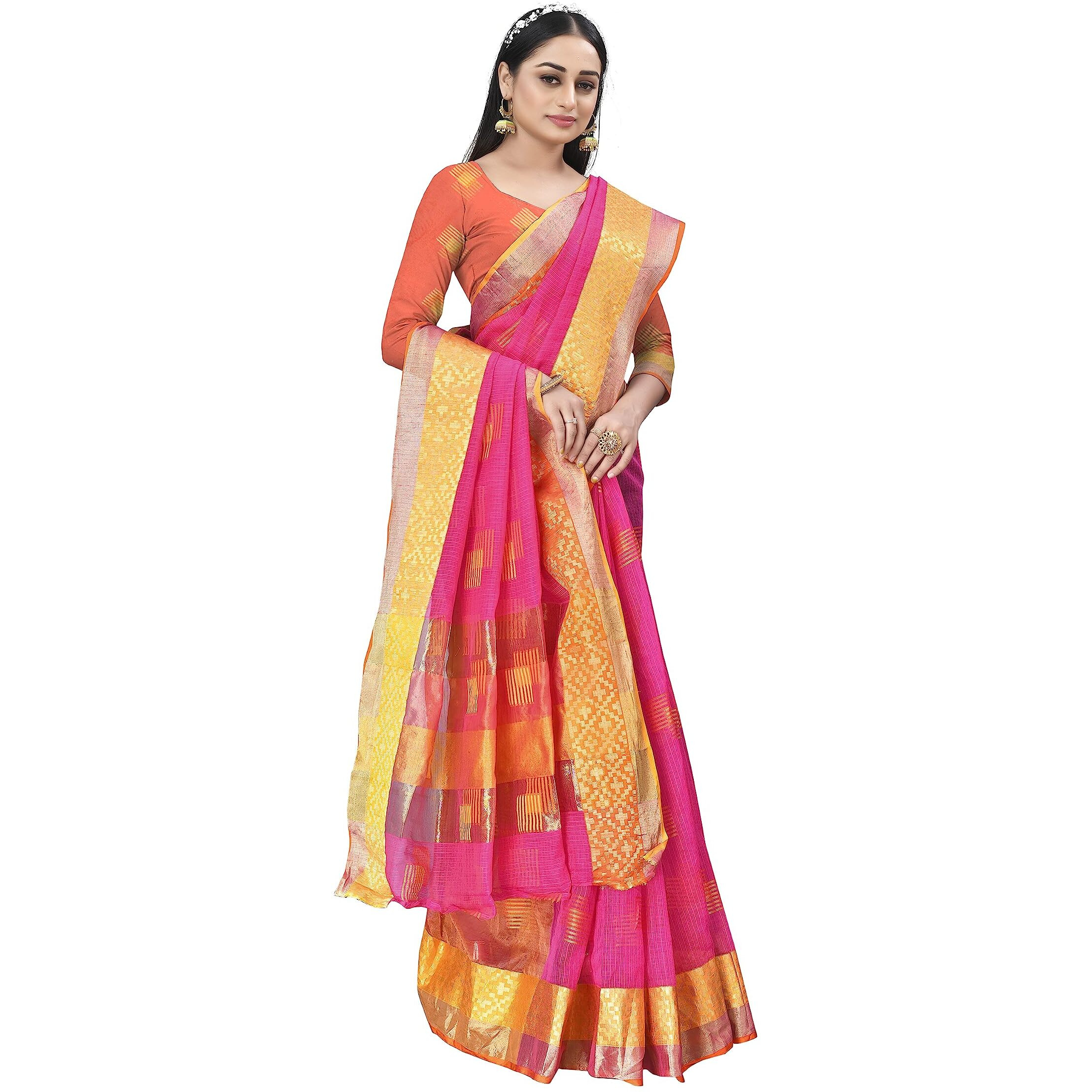 Sidhidata Womens Embroidered Cotton Linen Silver Zari Patta Saree With Unstitched Blouse Piece (Z Rani)