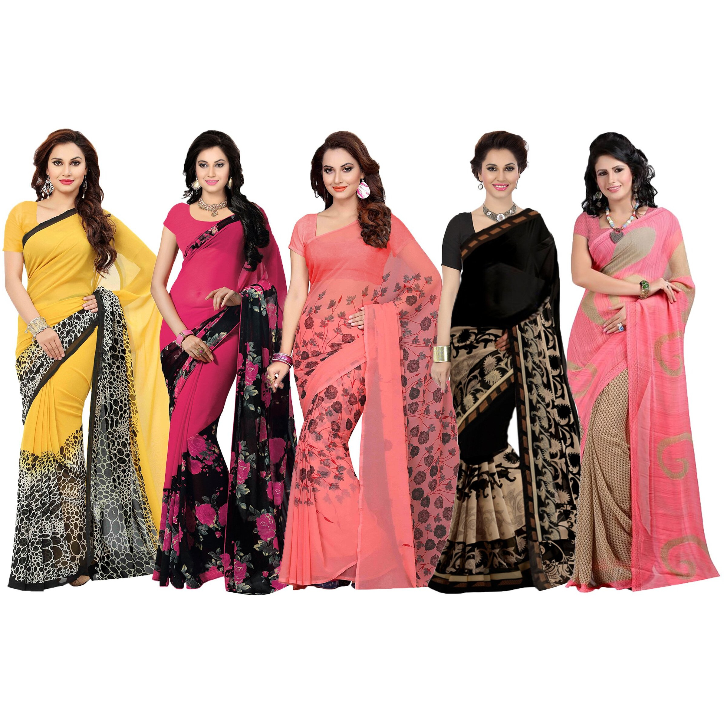 Ishin Combo of 5 Faux Georgette Multicolor Printed Womens SareeSari