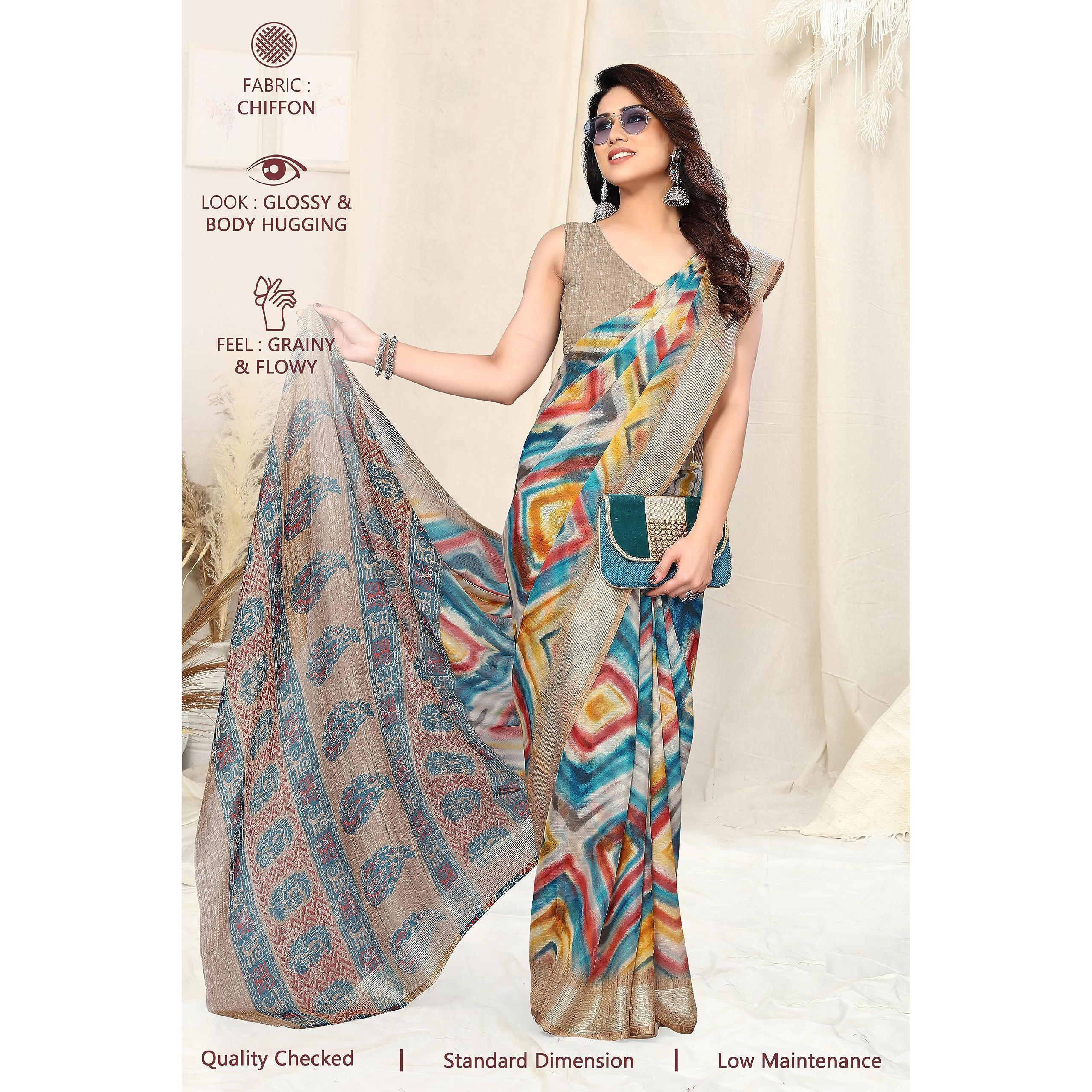 MIRCHI FASHION Womens Shibori Block Printed Saree with Blouse Piece (38754-Cream, Muticolor)
