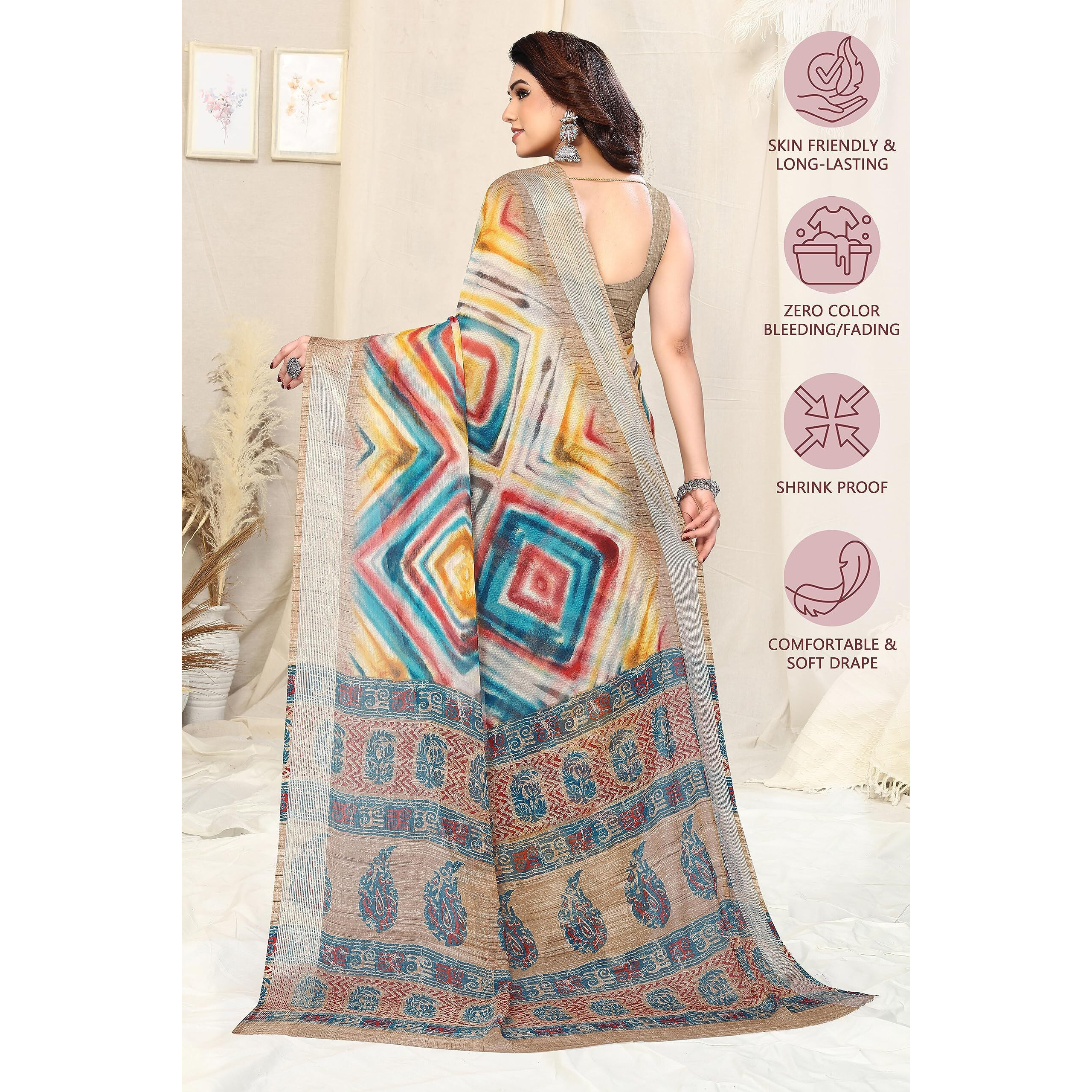 MIRCHI FASHION Womens Shibori Block Printed Saree with Blouse Piece (38754-Cream, Muticolor)