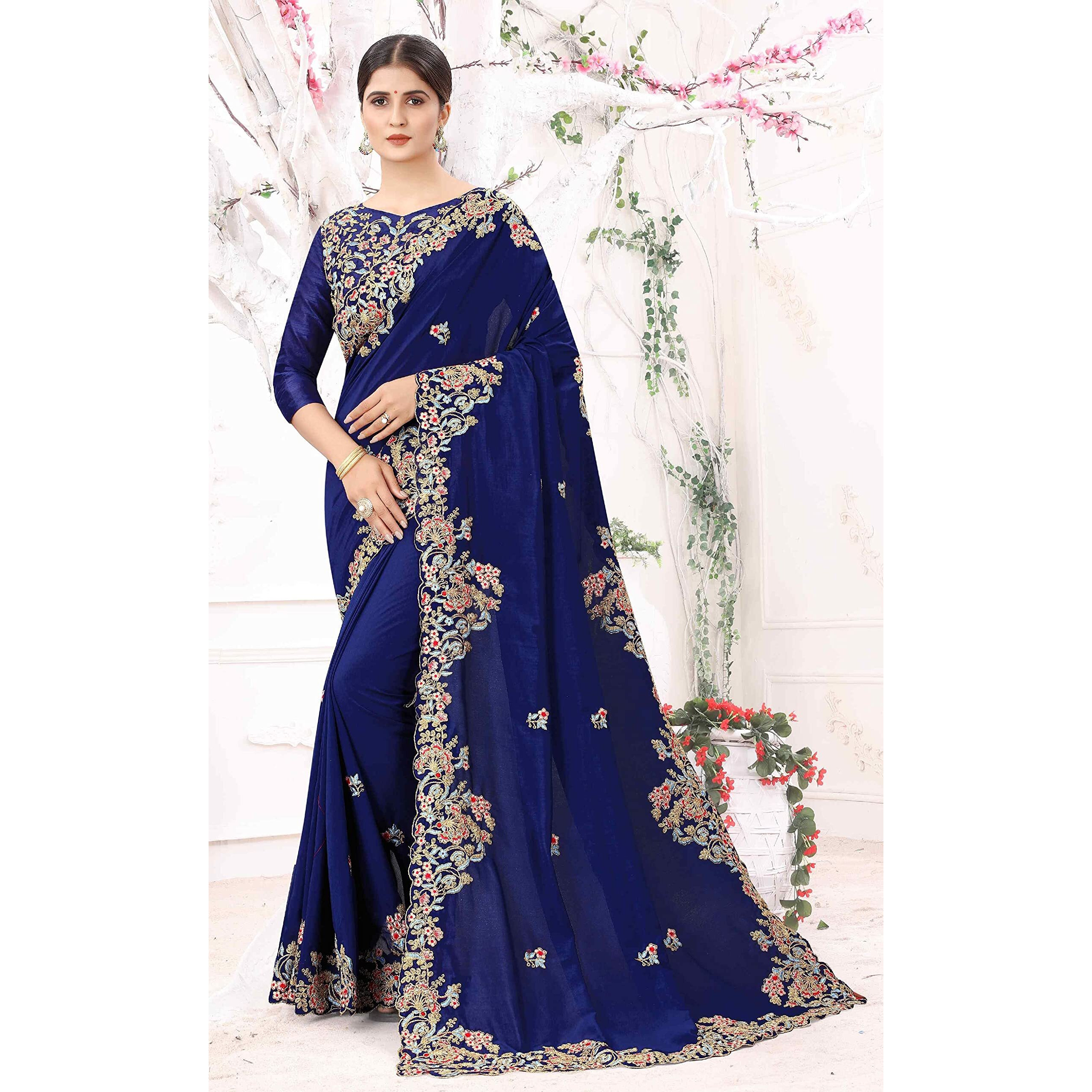 Divine International Trading Co Womens Vichitra Silk Embroidery Work Saree With Blouse Piece (Bansi-Earth-Blue)