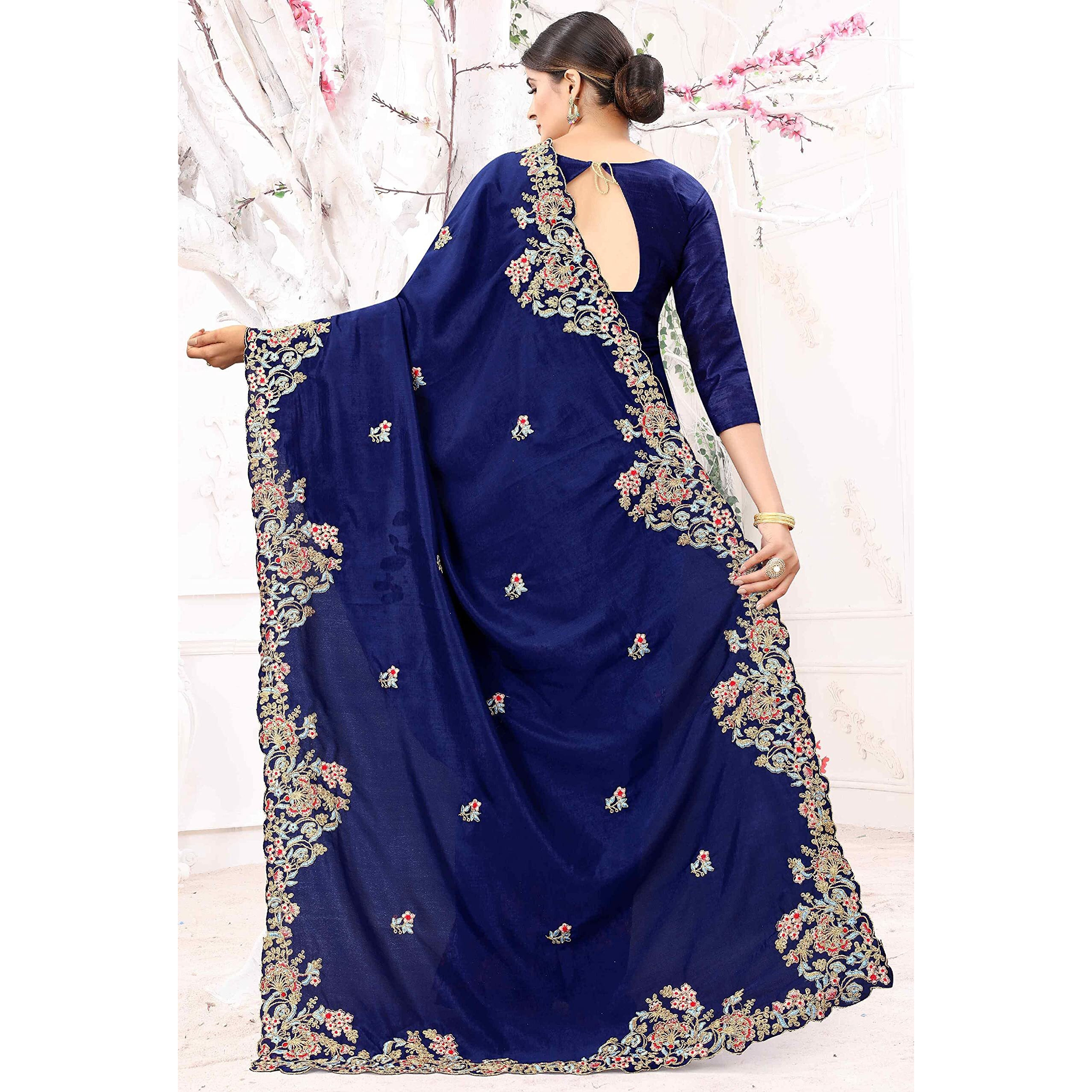 Divine International Trading Co Womens Vichitra Silk Embroidery Work Saree With Blouse Piece (Bansi-Earth-Blue)