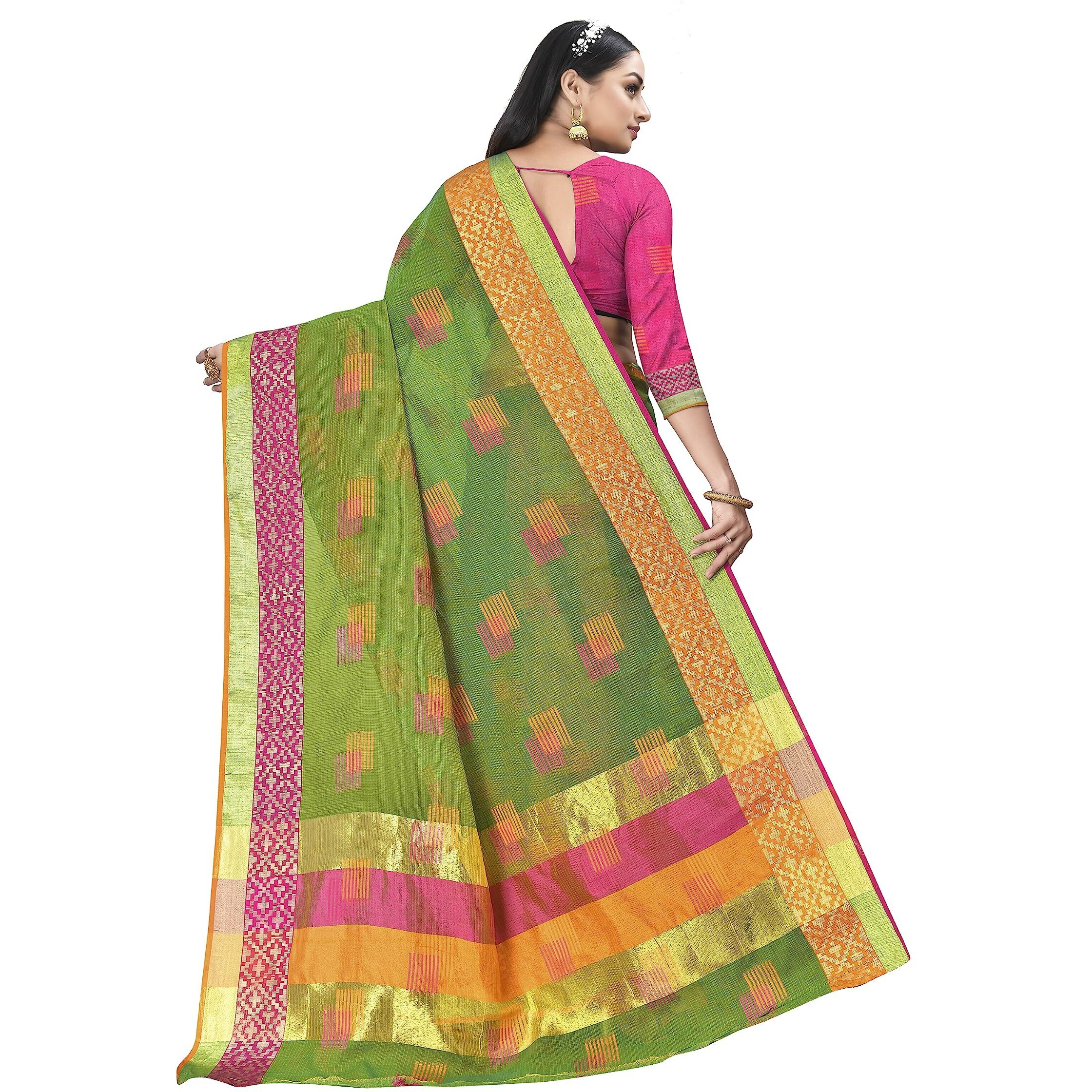 Sidhidata Womens Embroidered Cotton Linen Silver Zari Patta Saree With Unstitched Blouse Piece (Z Green)