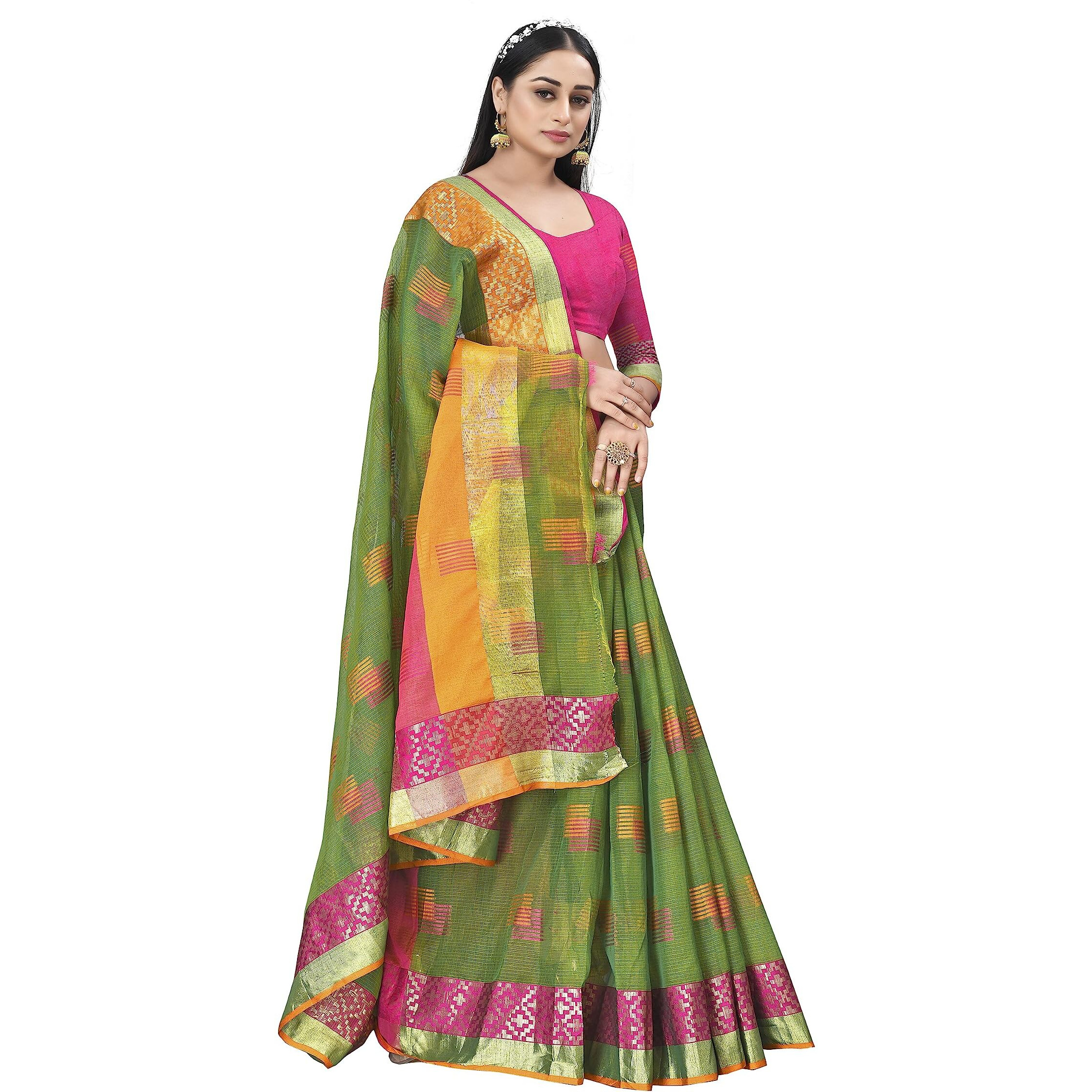 Sidhidata Womens Embroidered Cotton Linen Silver Zari Patta Saree With Unstitched Blouse Piece (Z Green)