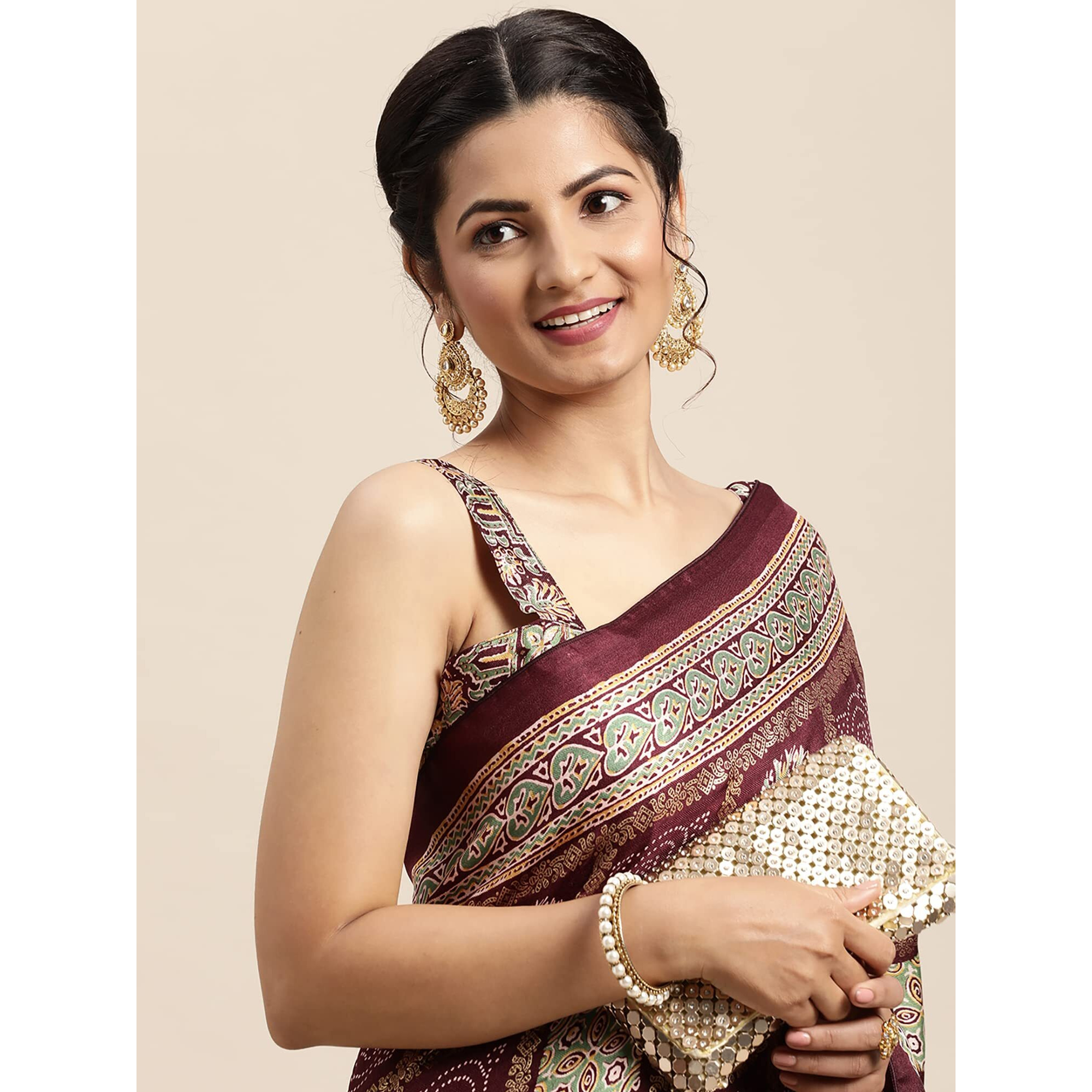 AKHILAM Womens Foil Pashmina Silk Printed Saree With Unstitched Blouse Piece (Magenta_PSHMLX03C)