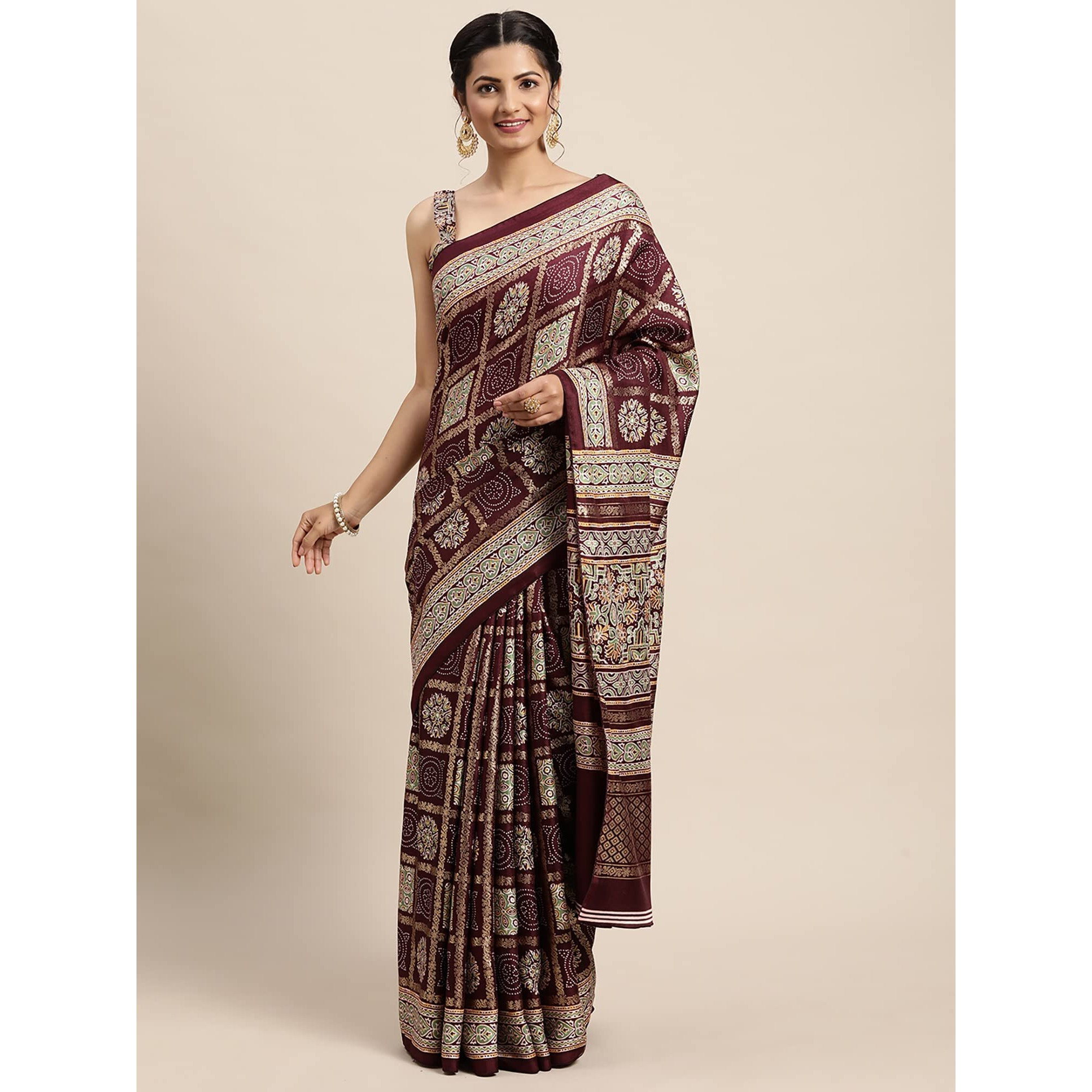 AKHILAM Womens Foil Pashmina Silk Printed Saree With Unstitched Blouse Piece (Magenta_PSHMLX03C)