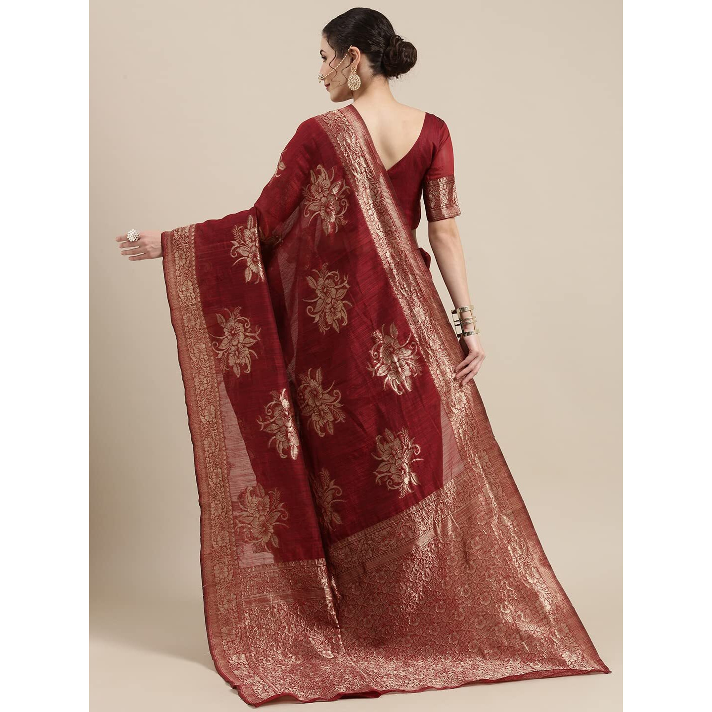 AKHILAM Womens Linen Floral Woven Design Banarasi Saree with Unstitched Blouse Piece (Maroon_LNJCQ09A)