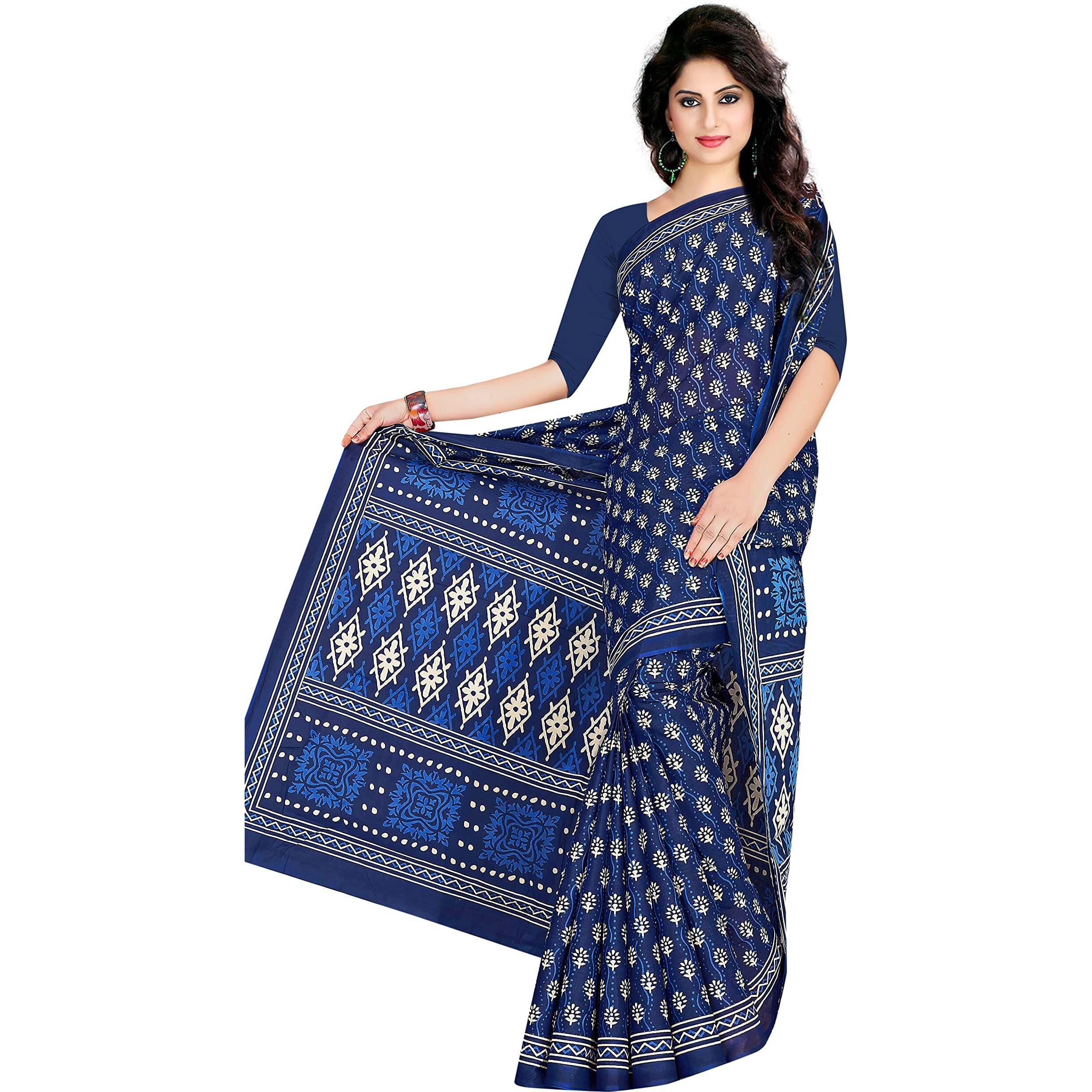 TAMAIRA FASHION Womens Plain Weave Pure Cotton Saree Without Blouse Piece(2372_IndigoBlue)