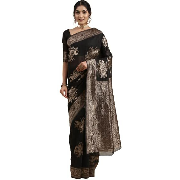 AKHILAM Womens Linen Banarasi Woven Design Saree with Unstitched Blouse Piece (Black_LNJCQ09B)