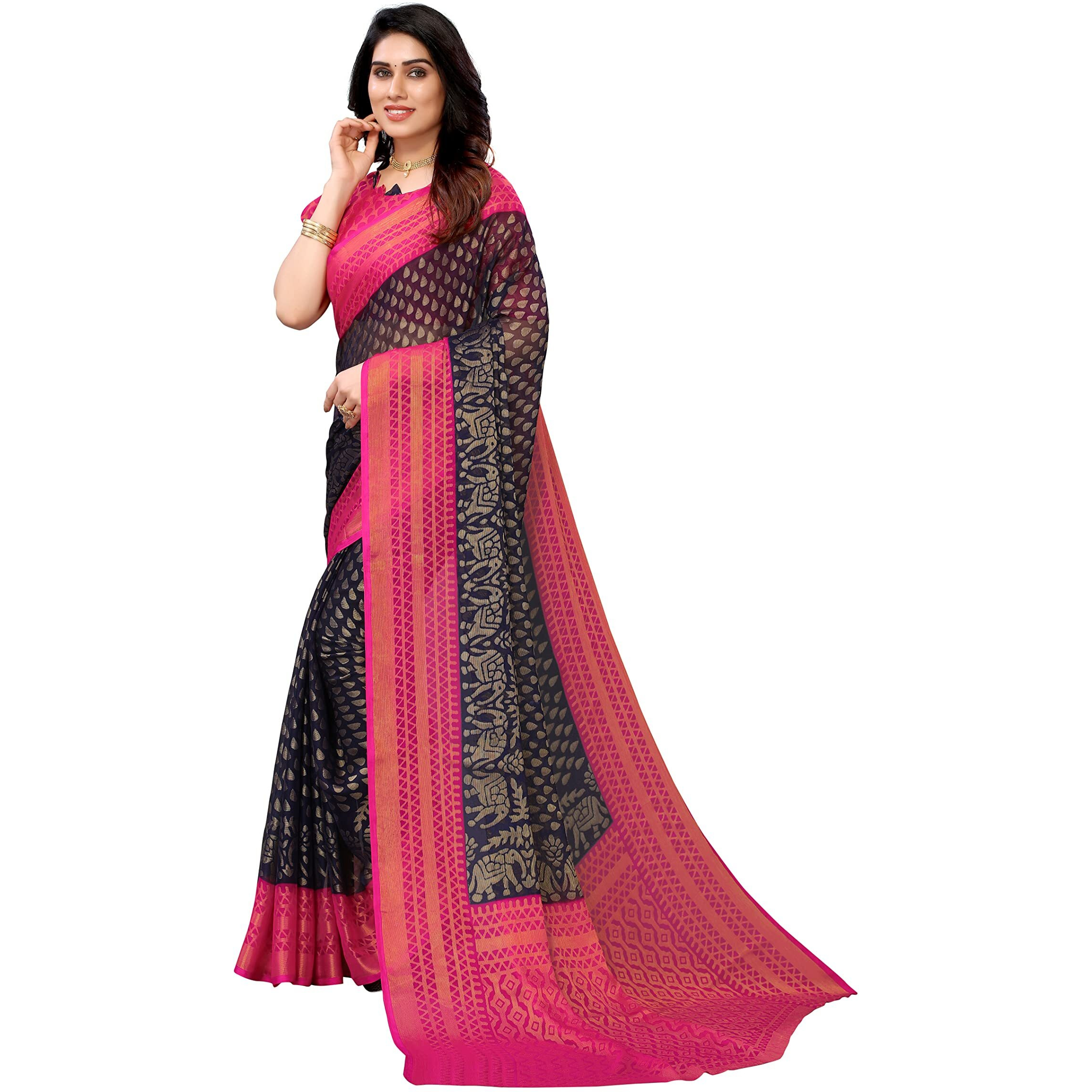 Bee M Pee Designer Banarasi Brasso (printed chiffon sarees for women_Navy)
