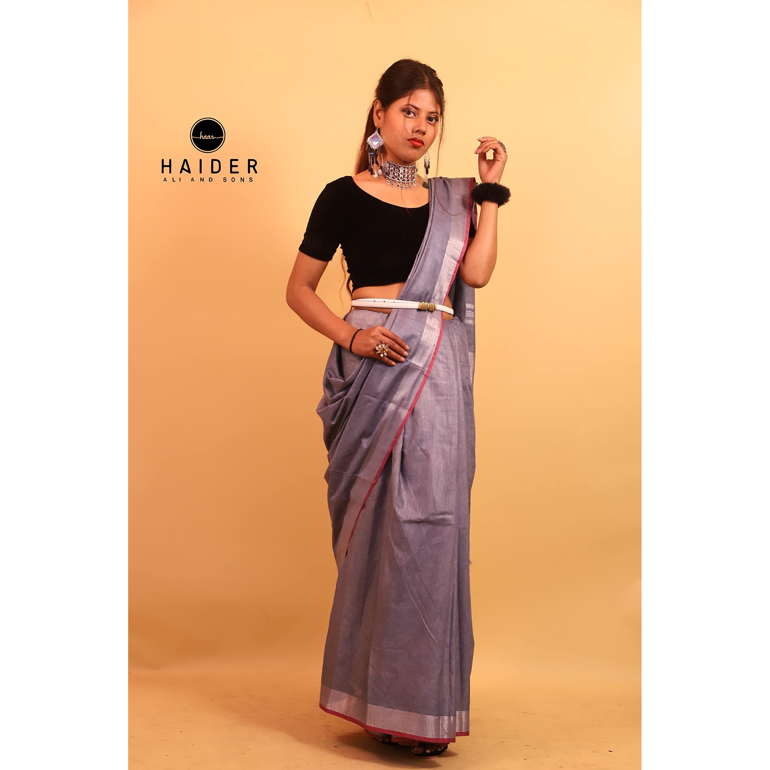 HAIDER ALI AND SONS Pure Bhagalpuri Linen Plain Saree for Women With Unstitched Blouse Piece | Traditional Ethnic wear Summer Saree (Brown-Grey)