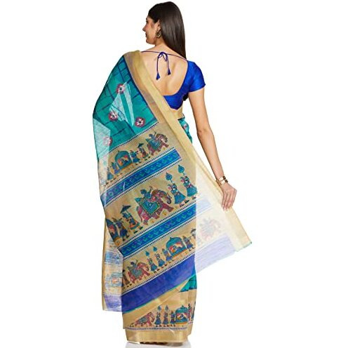 Bee M Pee Designer Soft Pure Latest Fancy Beautiful 2021 Cotton with blouse material (Printed Sarees for women collection 2022_Teal (Rama))