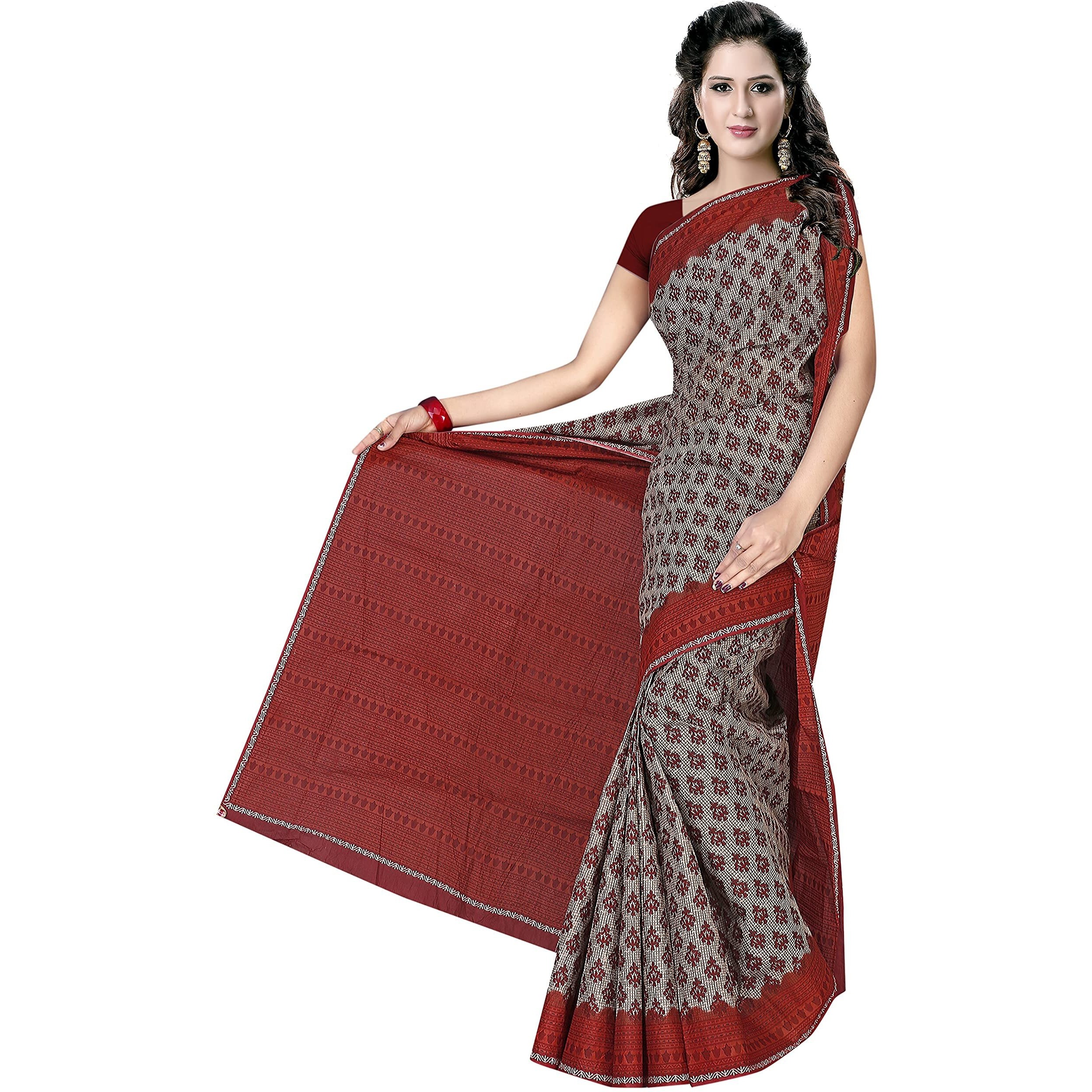 TAMAIRA FASHION Plain Weave Womens Pure Cotton Saree Without Blouse Piece (2340_Grey and Maroon)