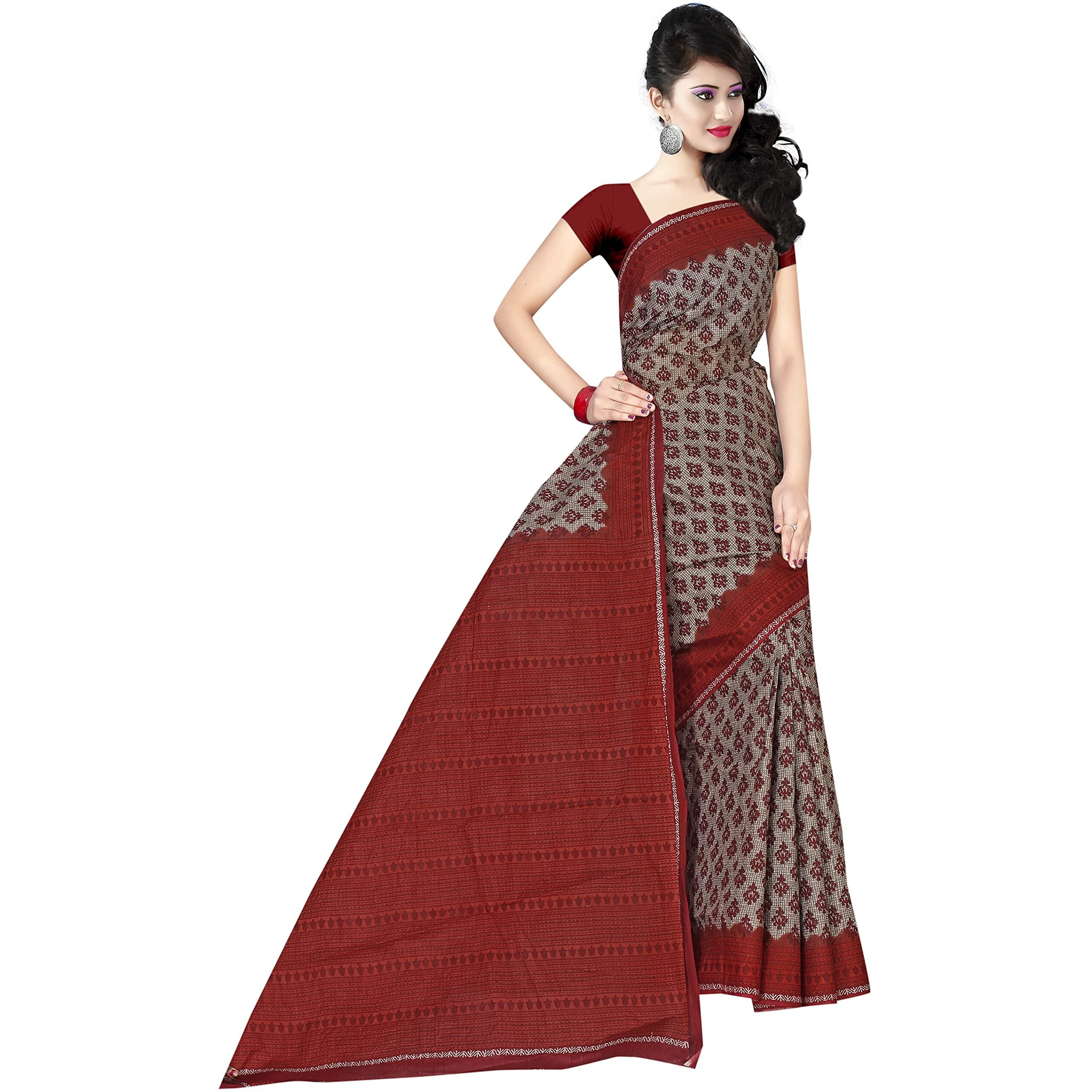 TAMAIRA FASHION Plain Weave Womens Pure Cotton Saree Without Blouse Piece (2340_Grey and Maroon)