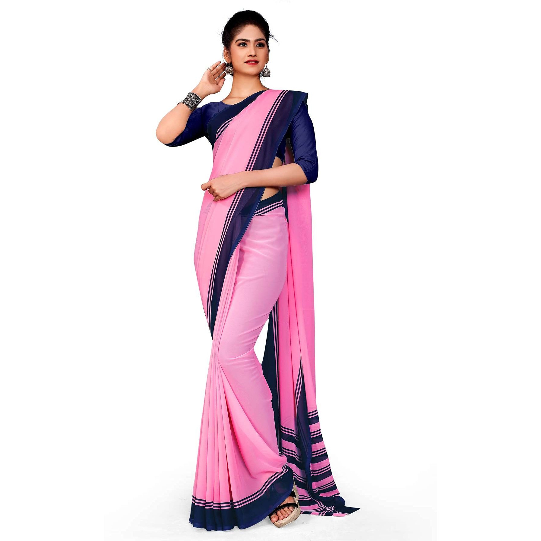 Uniform Sarees Corp Womens Woven Synthetic Saree With Blouse Piece (1635-O_Pink, Navy Blue)