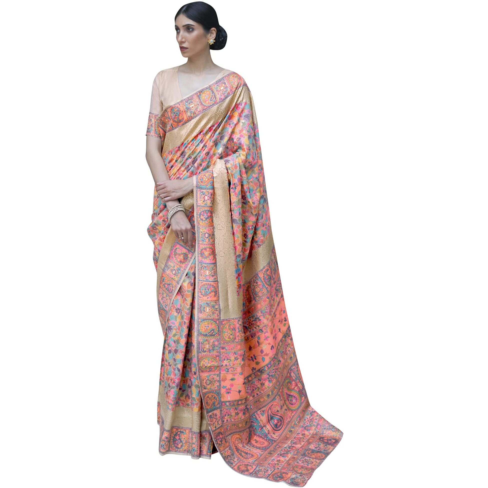 AKHILAM Womens Woven Silk Blend Saree With Regular Fit Blouse Piece,Multi