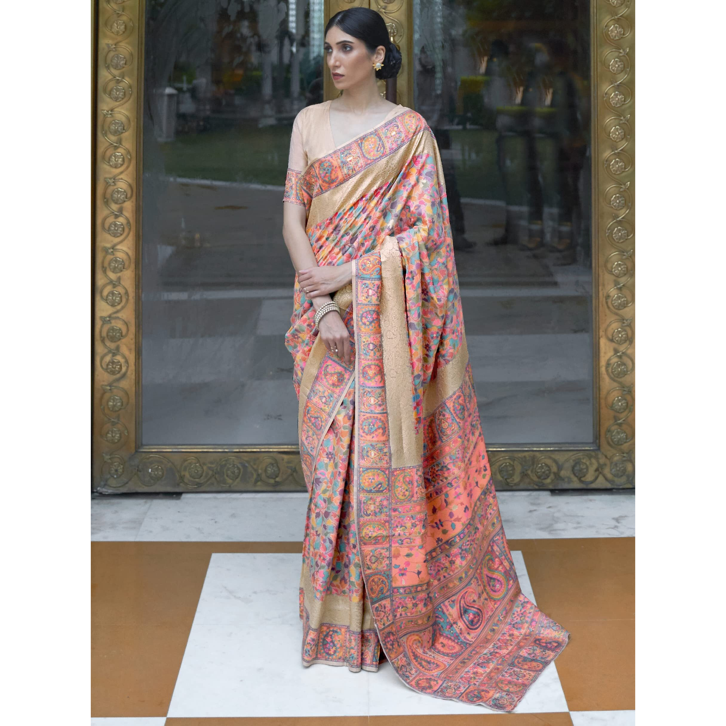 AKHILAM Womens Woven Silk Blend Saree With Regular Fit Blouse Piece,Multi