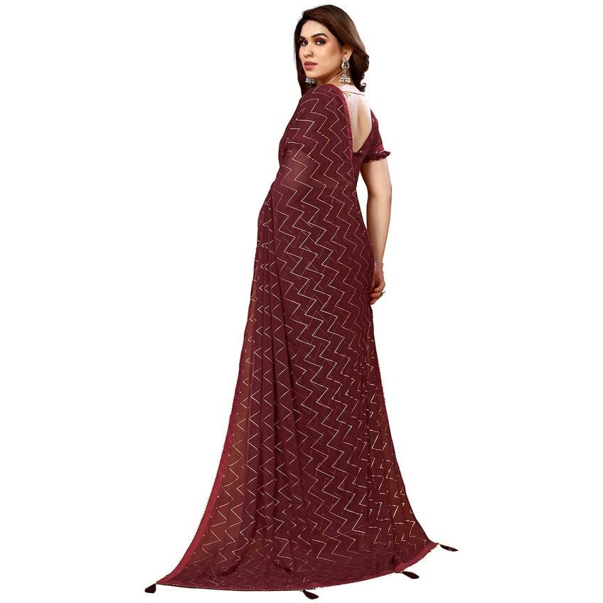 SIRIL Womens Foil Print, Lace, Tassel Georgette Saree with Unstitched Blouse(3066S2122_Maroon)