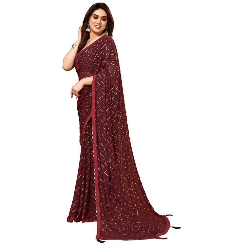 SIRIL Womens Foil Print, Lace, Tassel Georgette Saree with Unstitched Blouse(3066S2122_Maroon)