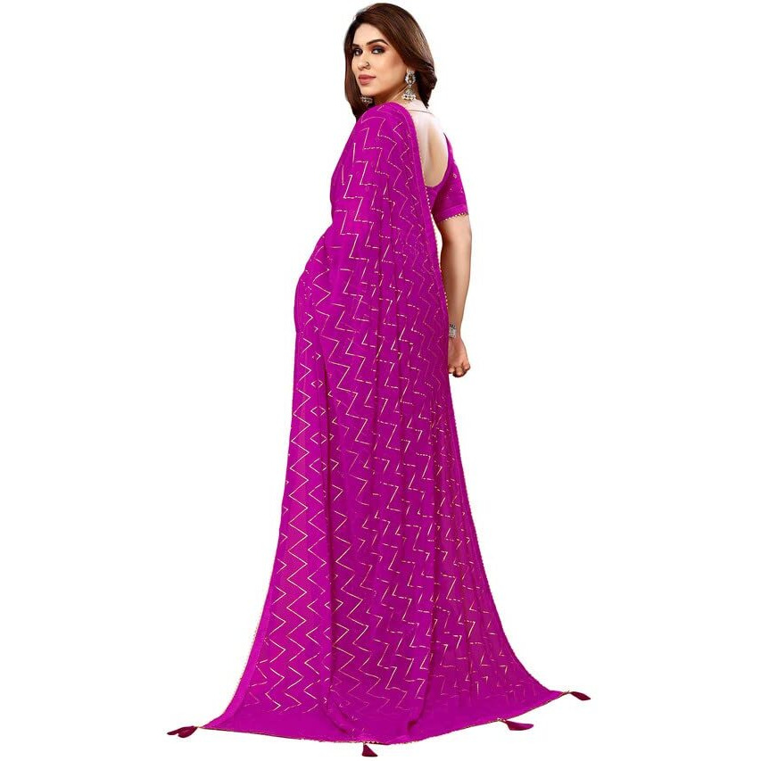 SIRIL Womens Foil Print, Lace, Tassel Georgette Saree with Unstitched Blouse(3066S2121_Pink)