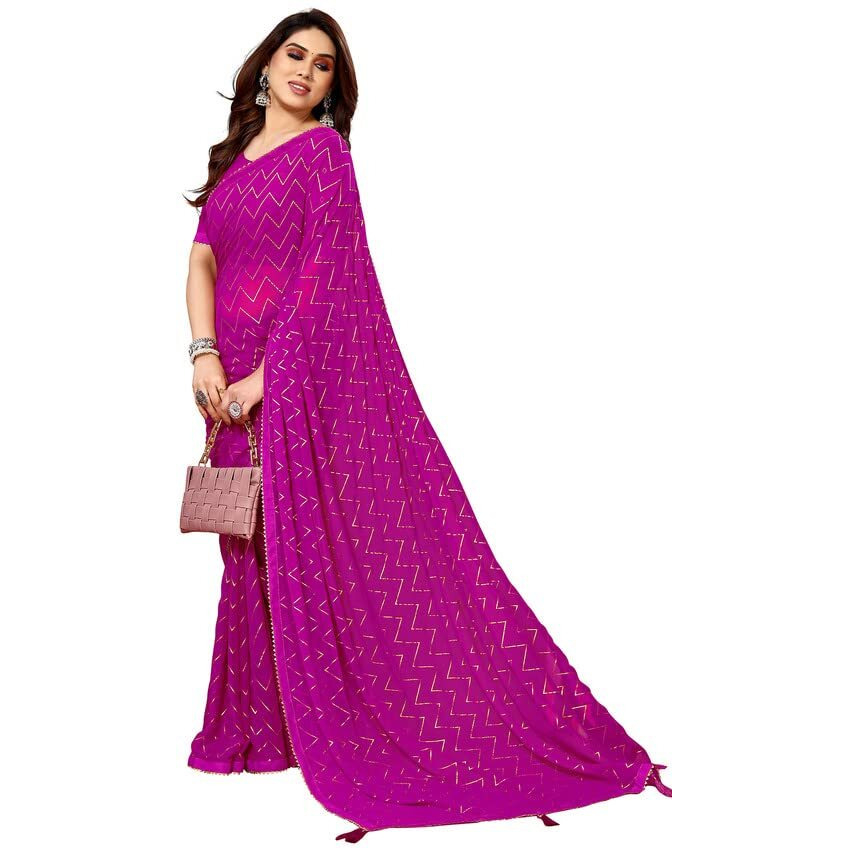 SIRIL Womens Foil Print, Lace, Tassel Georgette Saree with Unstitched Blouse(3066S2121_Pink)