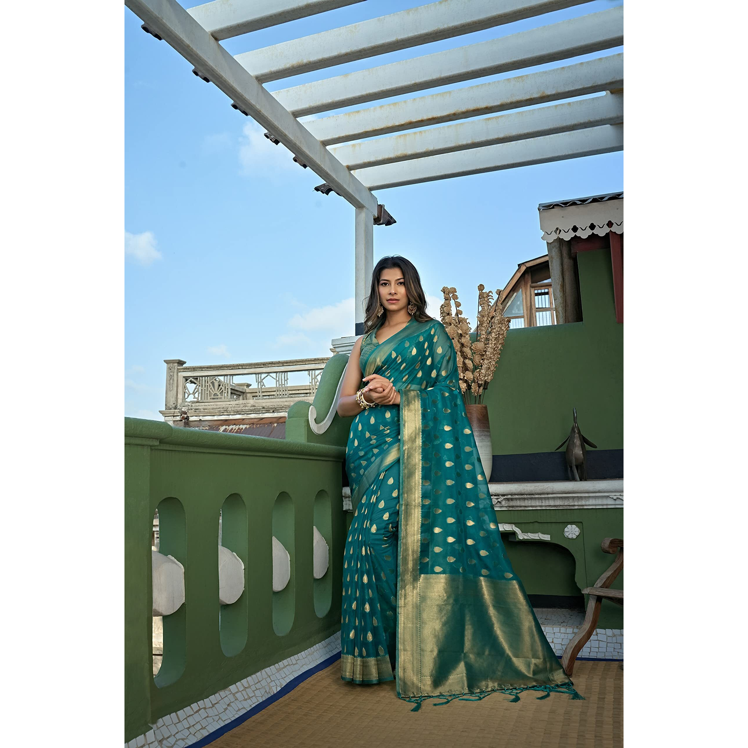 Vardha Womens Organza Art Silk Saree with Unstitched Blouse Piece - Zari Woven Work Sarees for Wedding (Kalini Silk, 432, Blue)