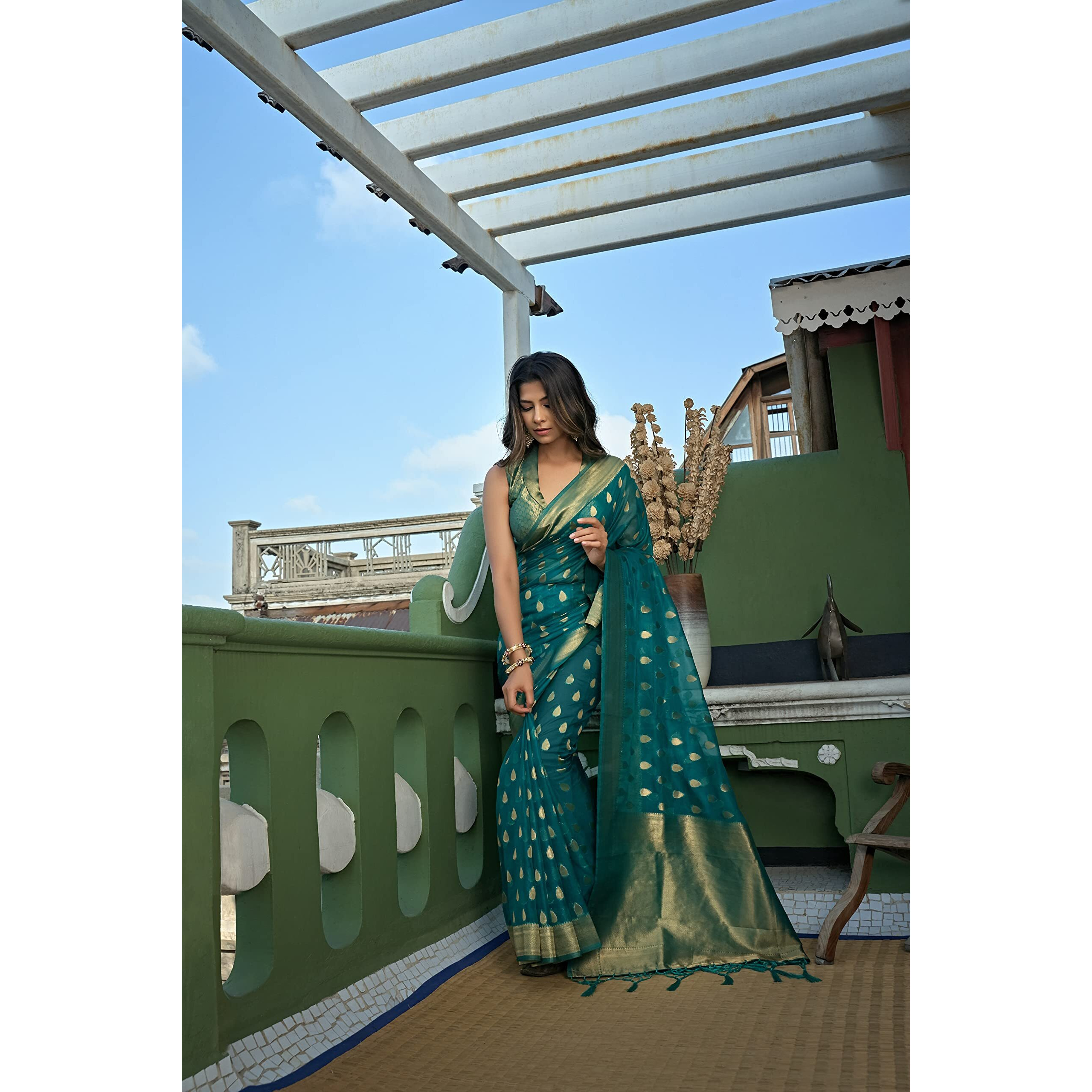 Vardha Womens Organza Art Silk Saree with Unstitched Blouse Piece - Zari Woven Work Sarees for Wedding (Kalini Silk, 432, Blue)