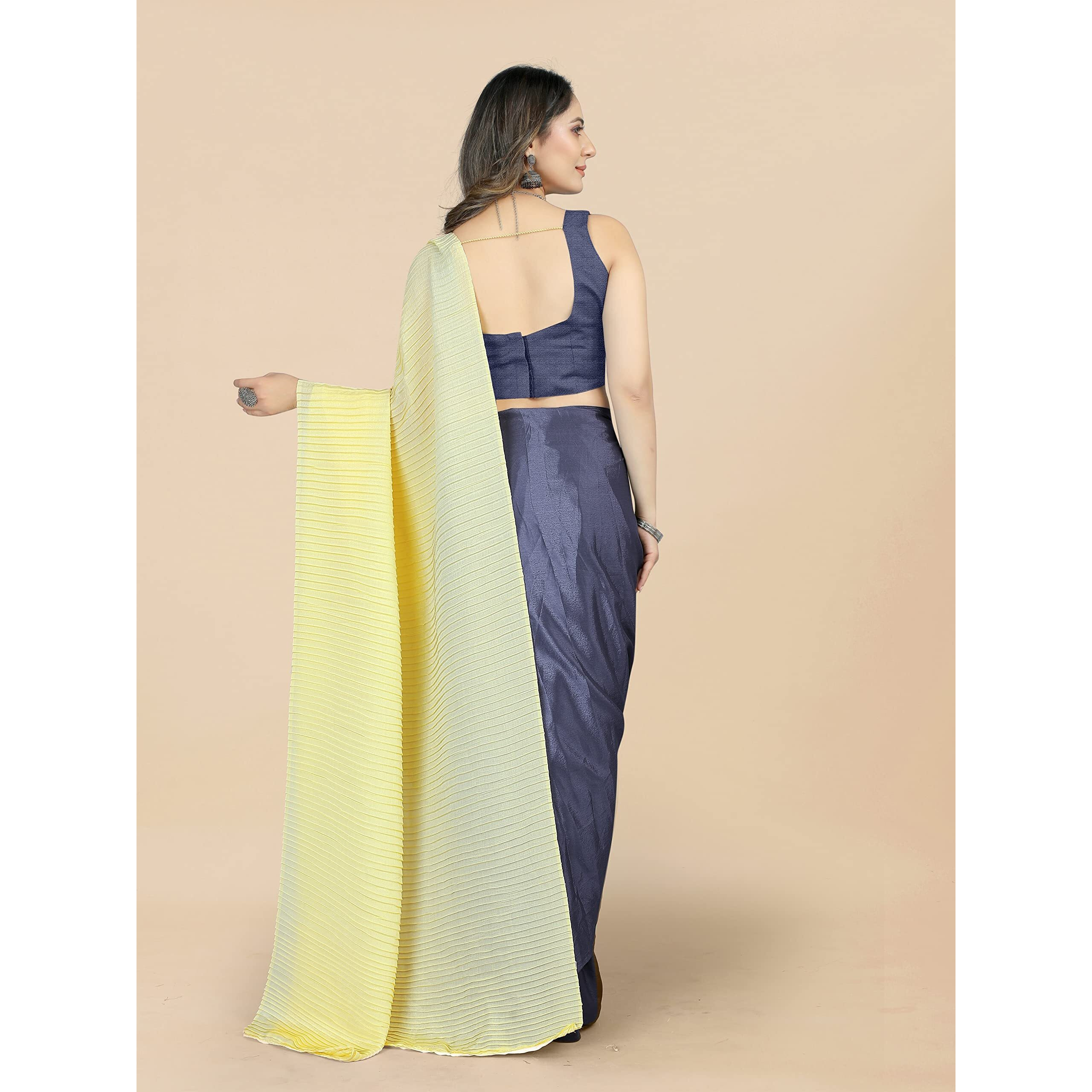 Sidhidata Womens CrushedPleated Plain Chinon Saree With Unstitched Blouse Piece (Rupalii Yellow_Yellow_Free Size)