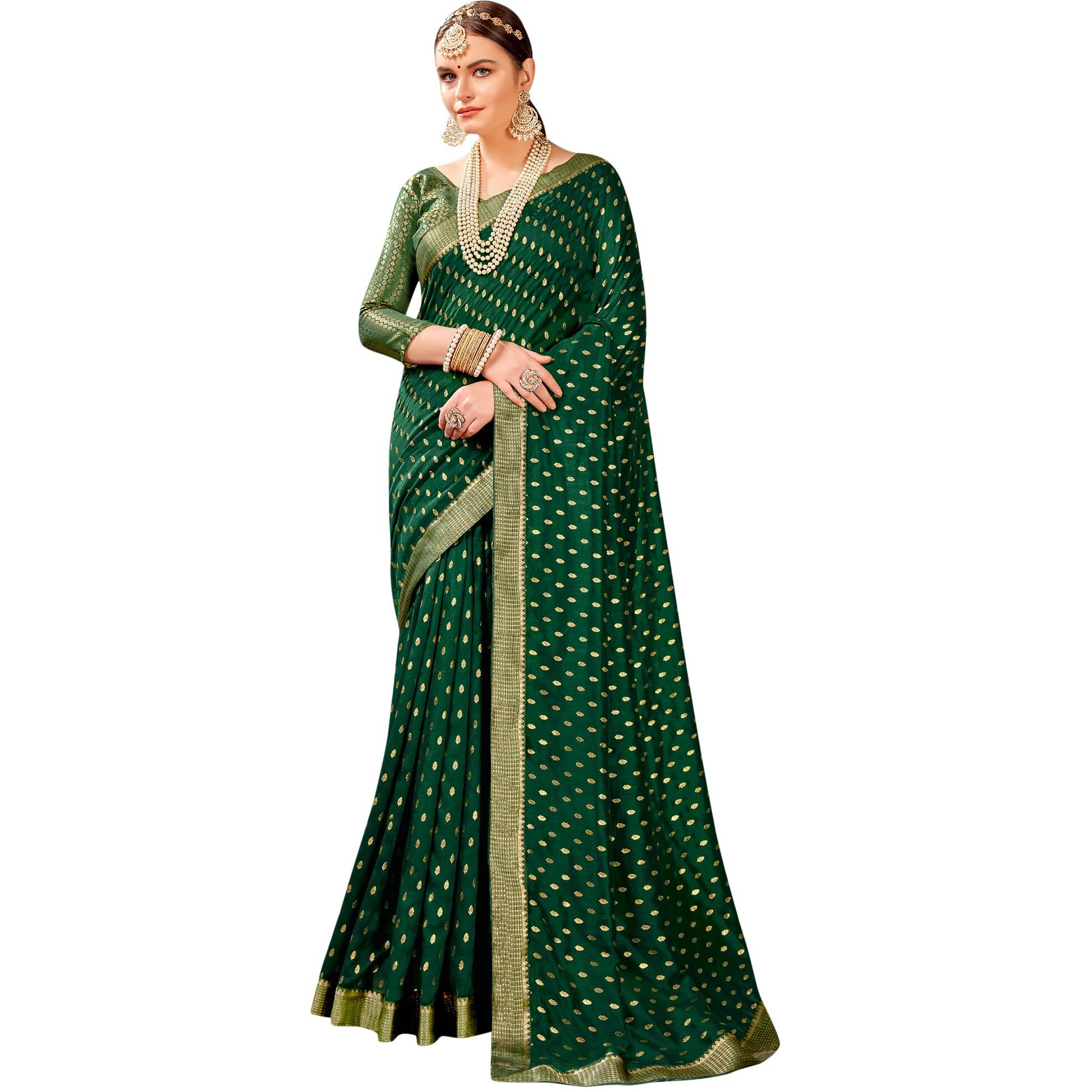AKHILAM Womens Vichitra Silk Embellished Ethnic Motif Saree With Unstitched Blouse Piece (Green_AMISHA81455_5D)