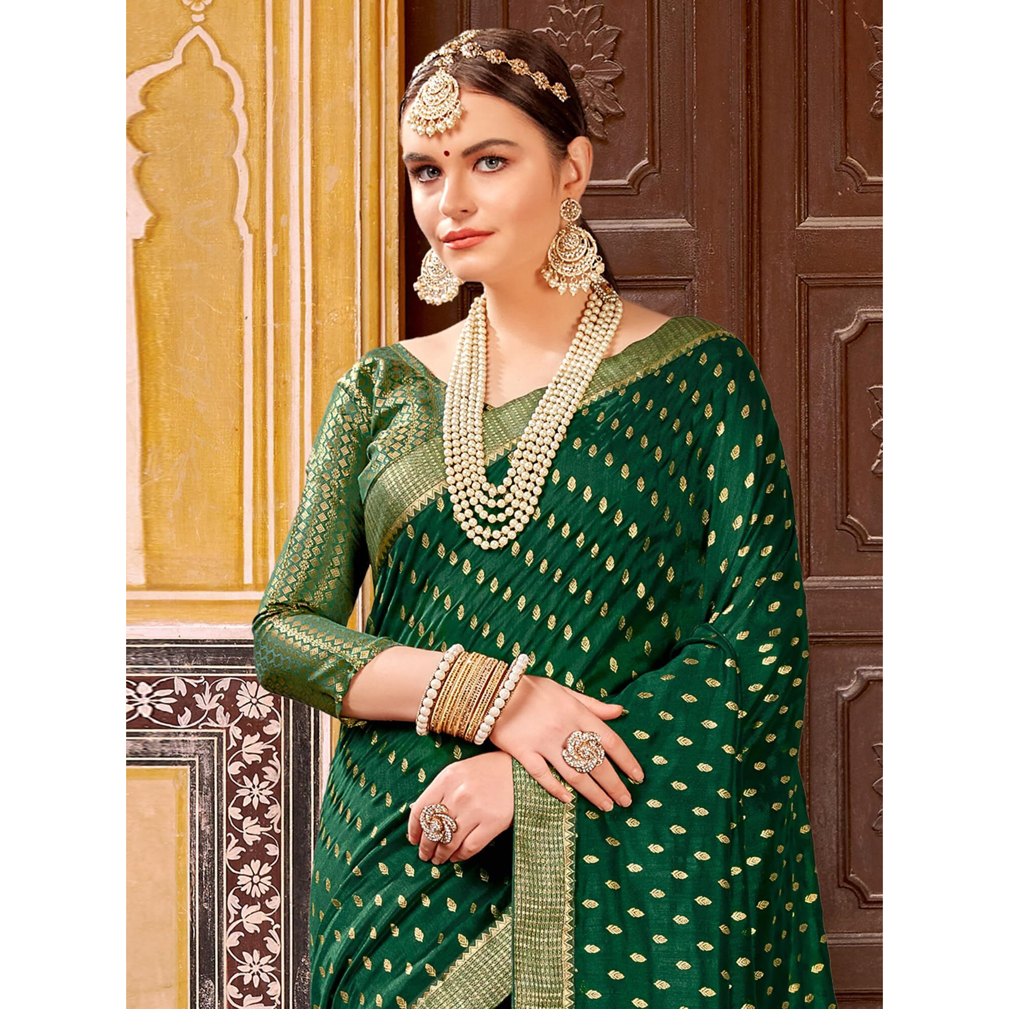 AKHILAM Womens Vichitra Silk Embellished Ethnic Motif Saree With Unstitched Blouse Piece (Green_AMISHA81455_5D)