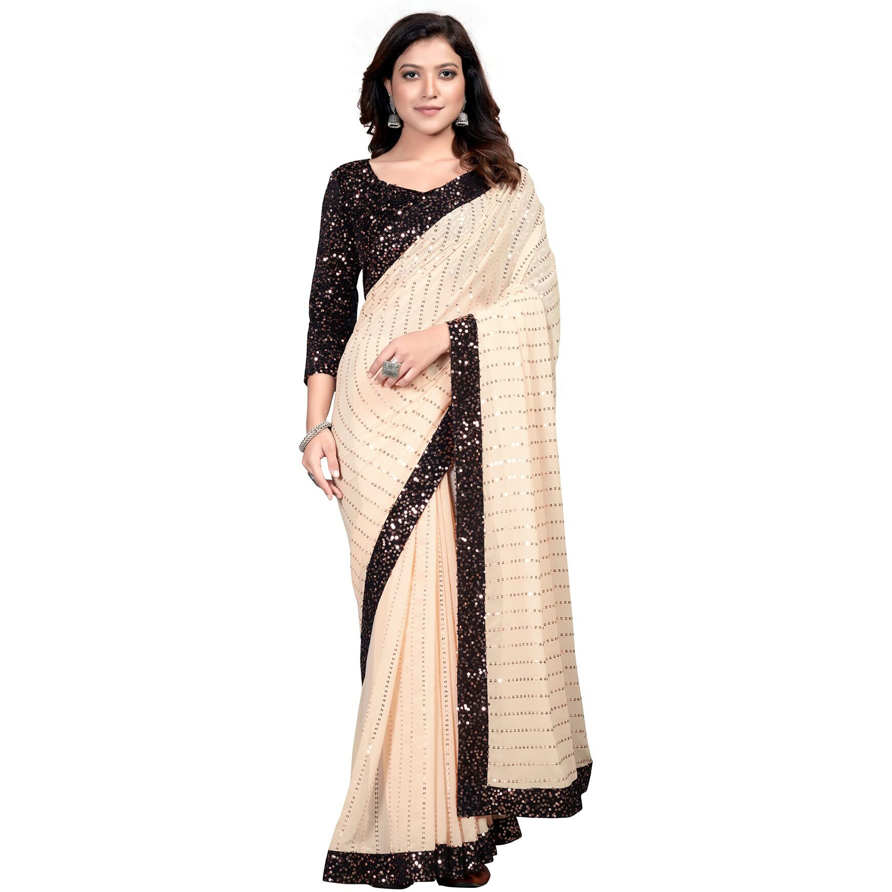 Pratham Blue Womens Sequins Georgette Fancy Saree With Blouse Piece (Orange)