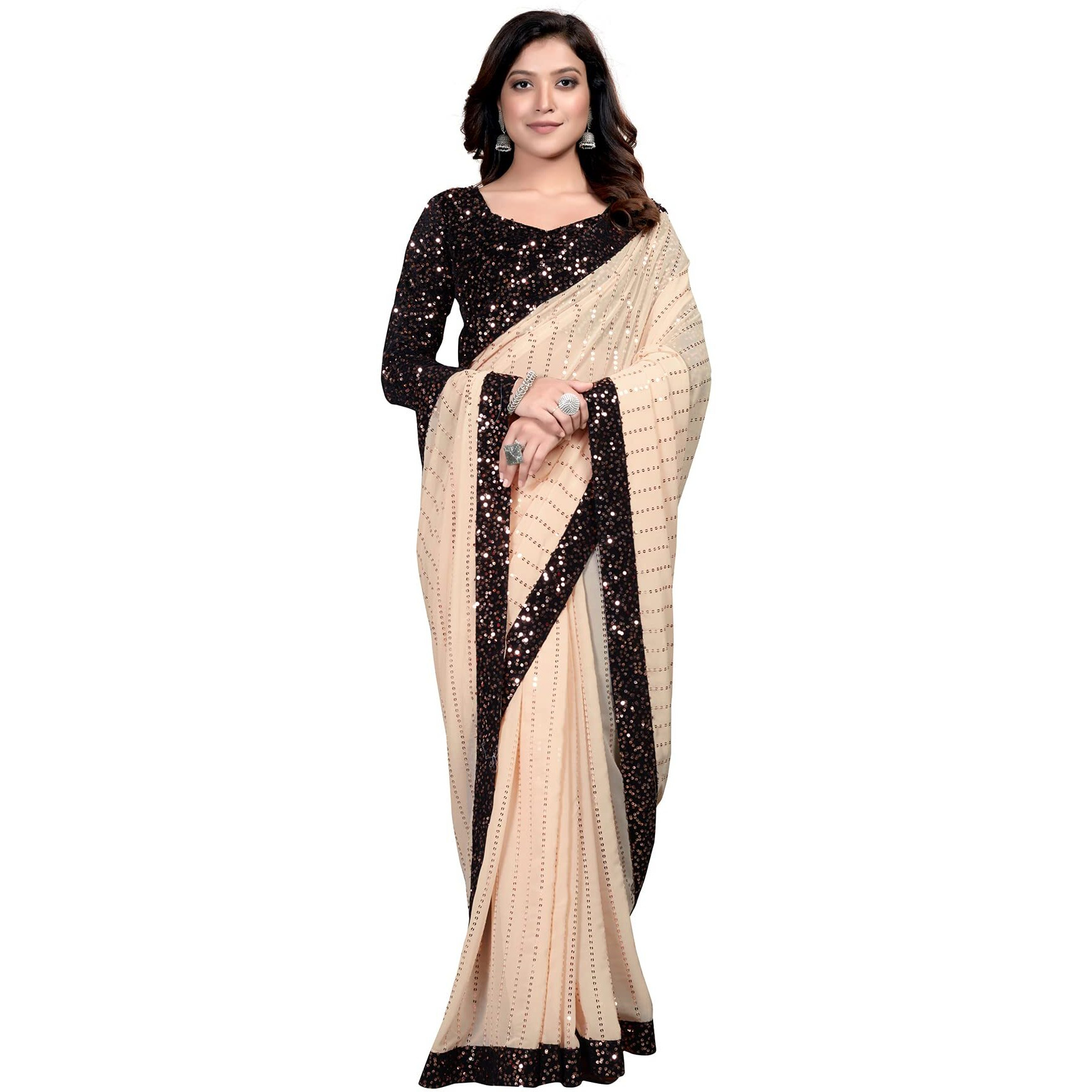 Pratham Blue Womens Sequins Georgette Fancy Saree With Blouse Piece (Orange)