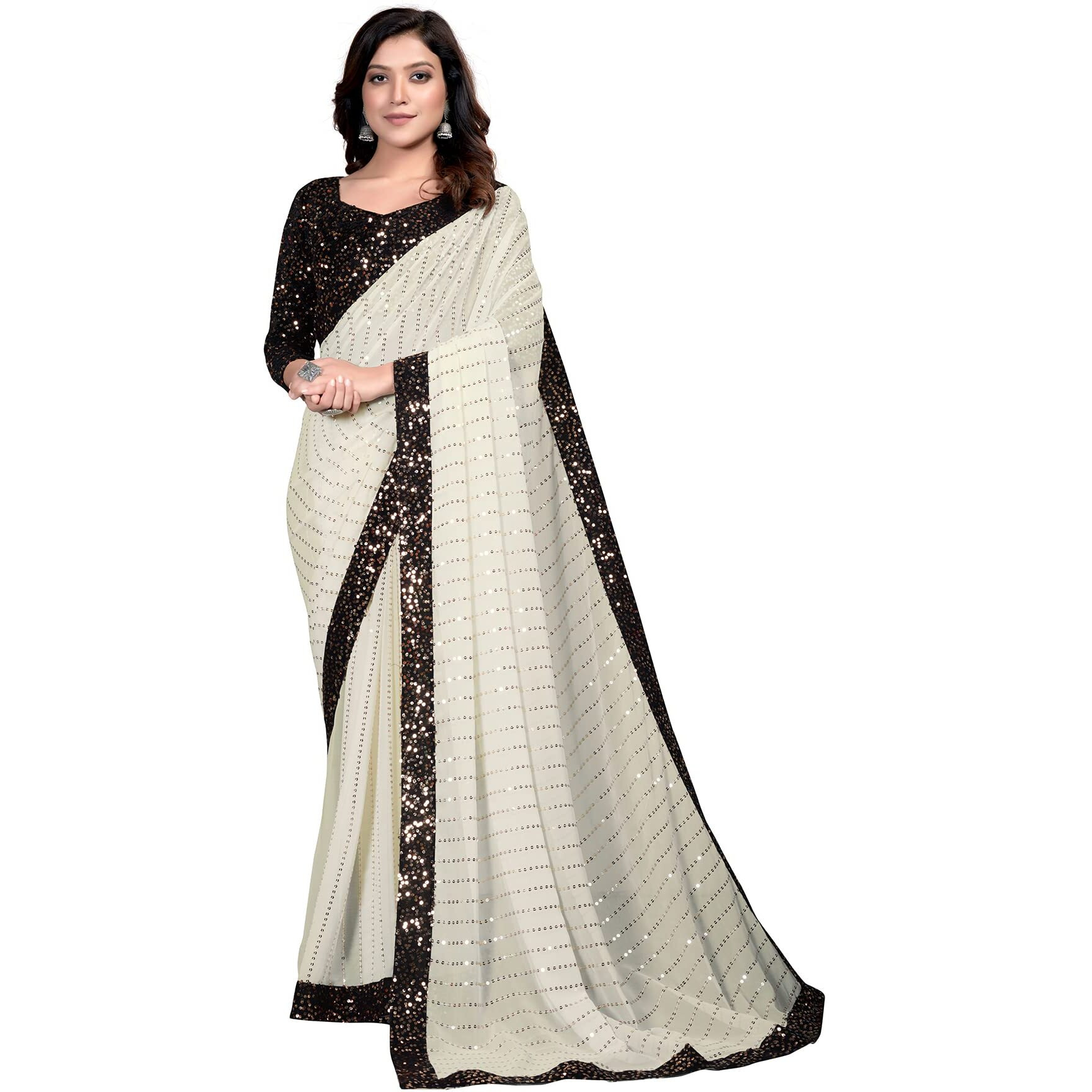 Pratham Blue Womens Sequins Georgette Fancy Saree With Blouse Piece (Yellow)