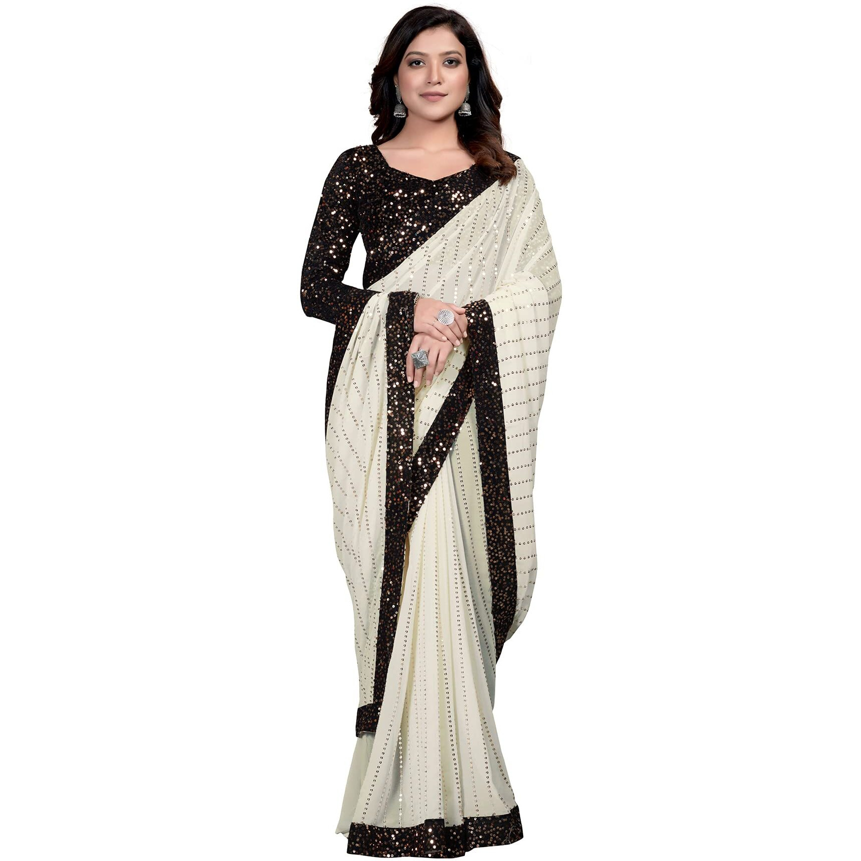 Pratham Blue Womens Sequins Georgette Fancy Saree With Blouse Piece (Yellow)