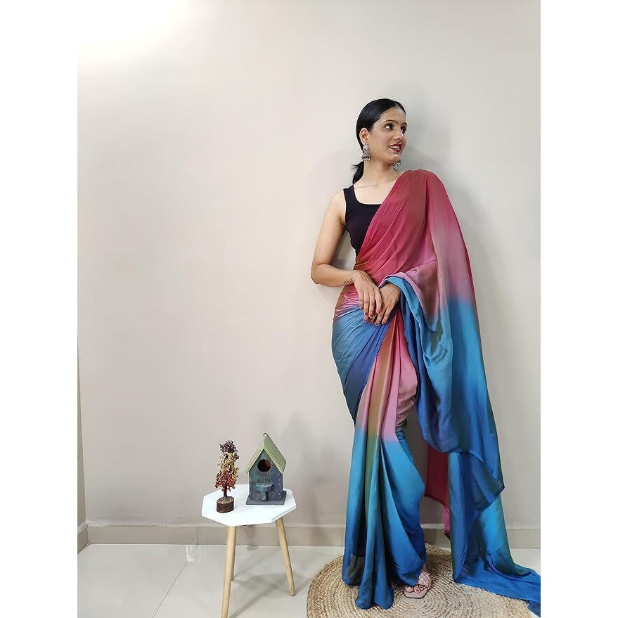 Khunshi creation Womens Ready To Wear 1 Minit Saree New Printed Saree Georgette With Unstitched Regular Fit Blouse Piece (Rcm-243) (Pink-Blue)