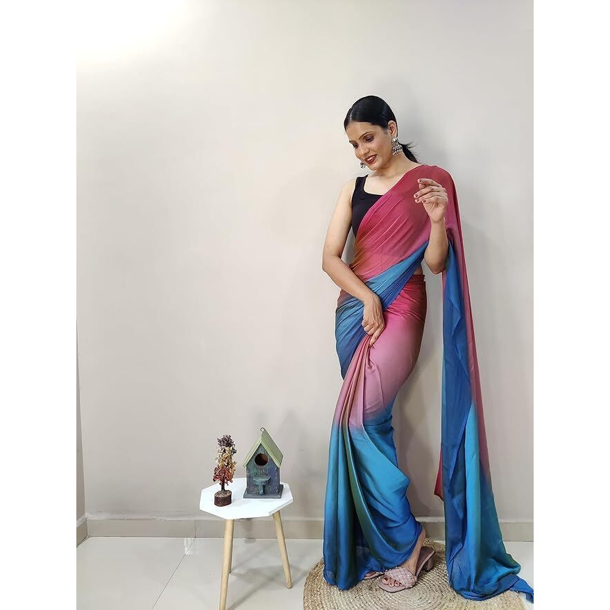 Khunshi creation Womens Ready To Wear 1 Minit Saree New Printed Saree Georgette With Unstitched Regular Fit Blouse Piece (Rcm-243) (Pink-Blue)