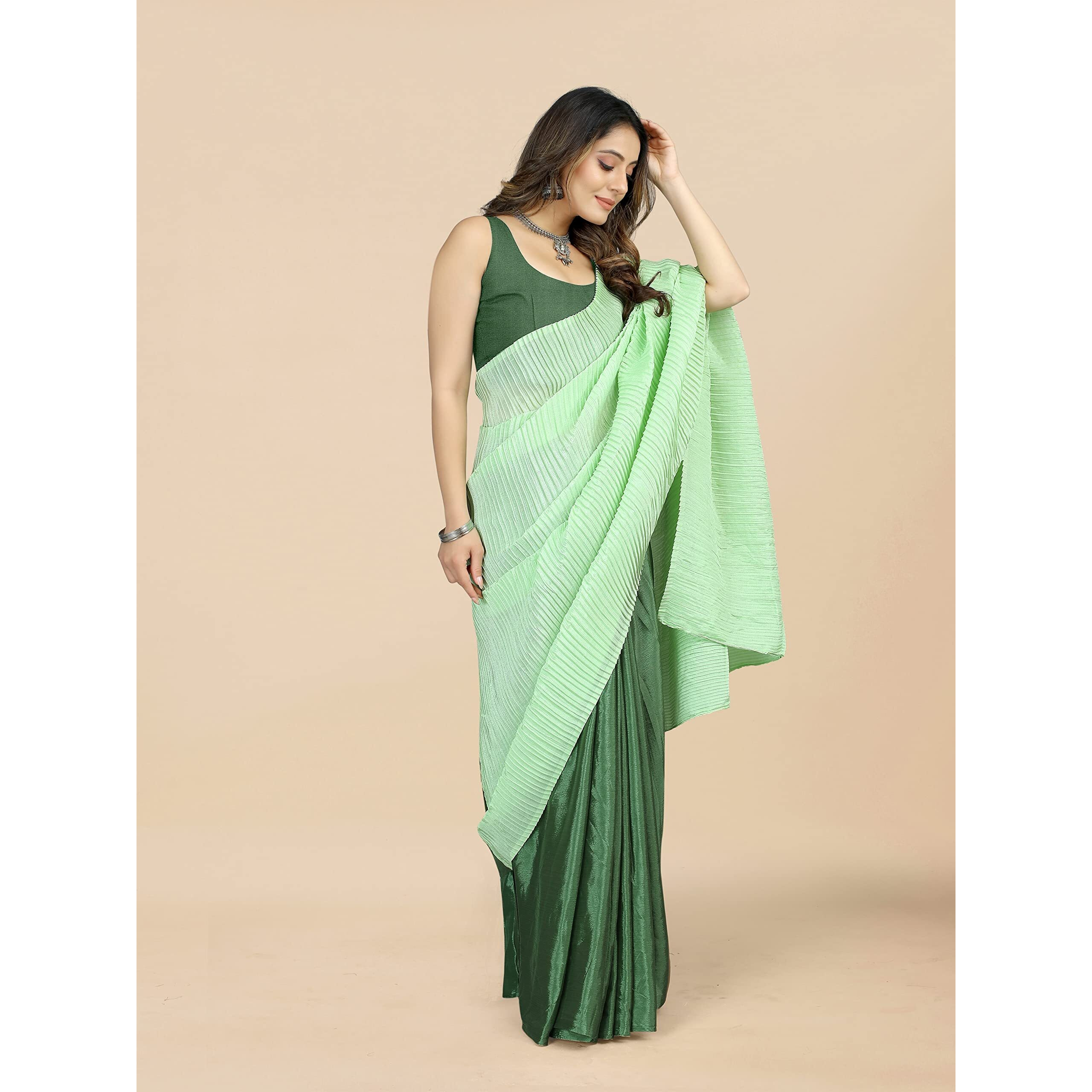 Sidhidata Womens CrushedPleated Plain Chinon Saree With Unstitched Blouse Piece (Rupalii Pista Green_Pista Green_Free Size)