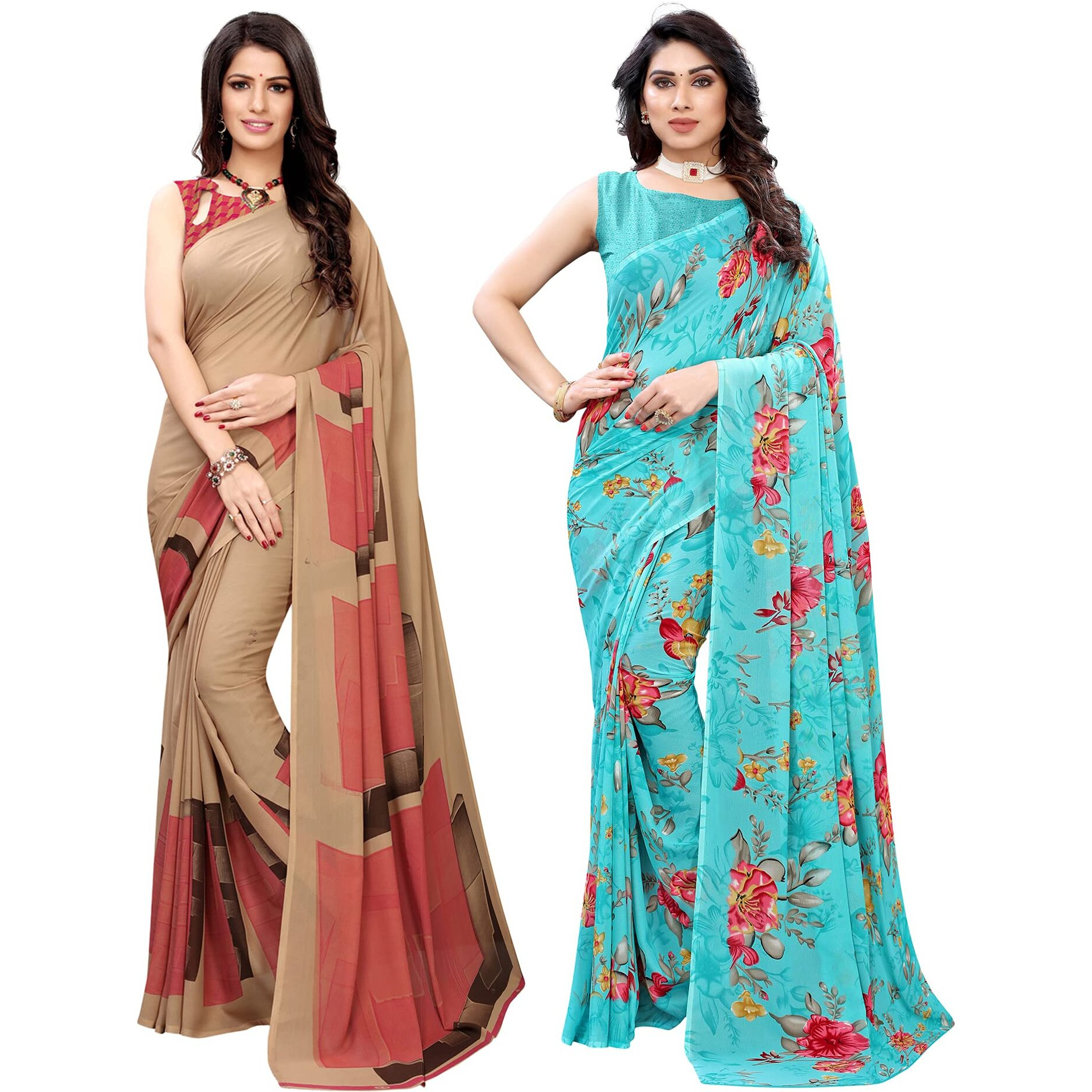SIRIL Womens Printed Georgette Saree with Blouse Combo Pack Of 2(1182S117_1850S176_Beige||Blue)