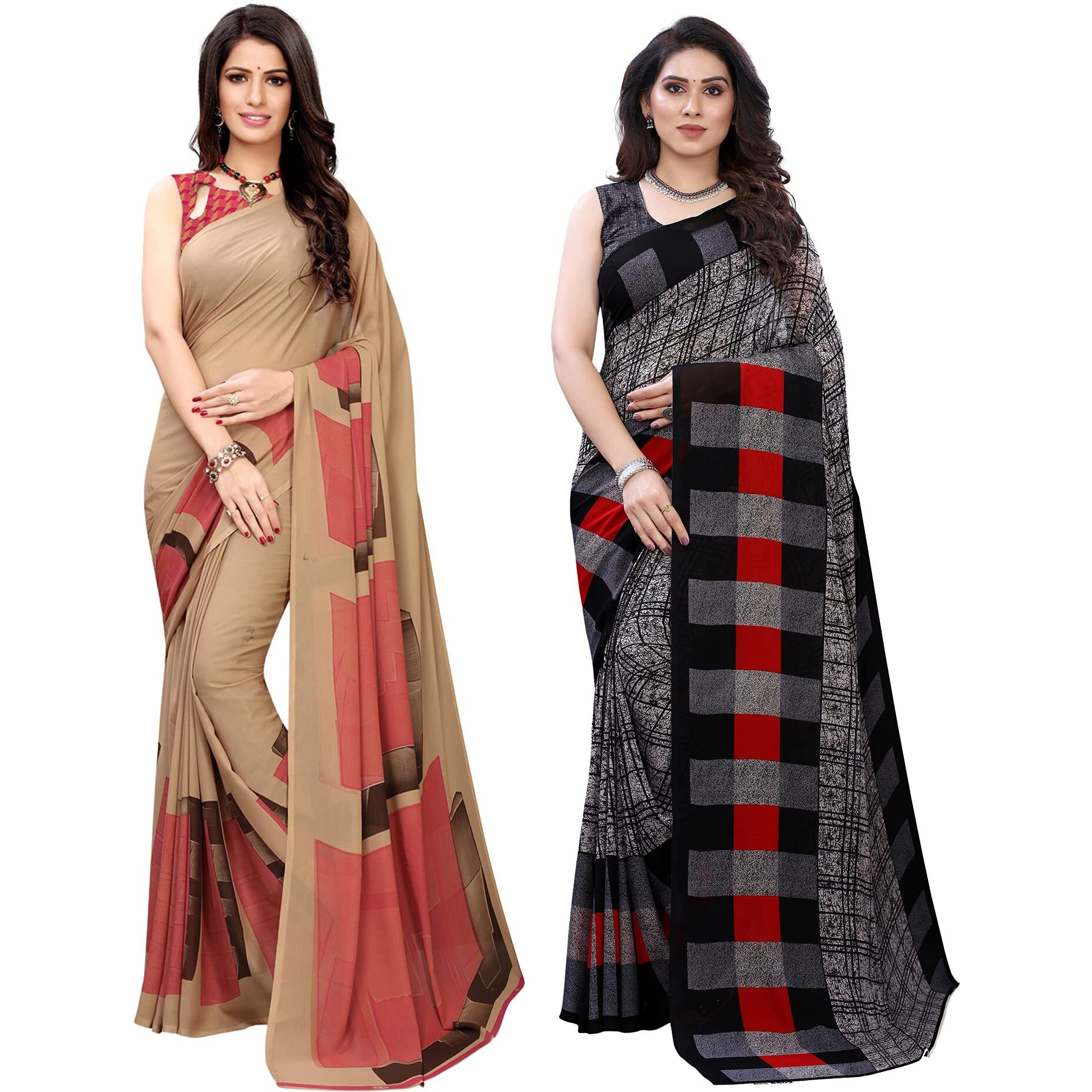 SIRIL Womens Printed Georgette Saree with Blouse Combo Pack Of 2(1182S117_1989S385_Beige||Grey2)