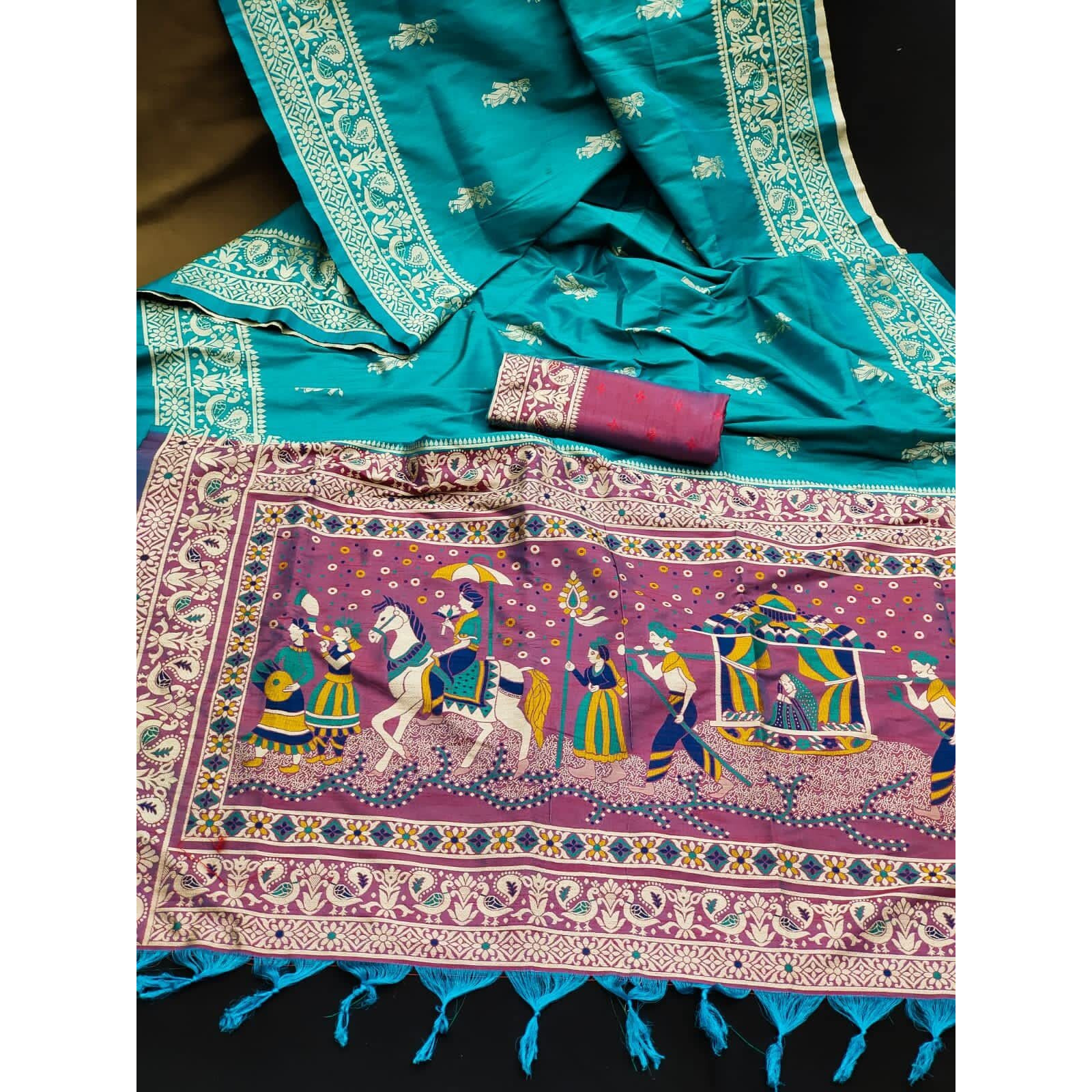 NK Textiles Womens Raw Silk Saree (C54ISH1003_Turquoise)