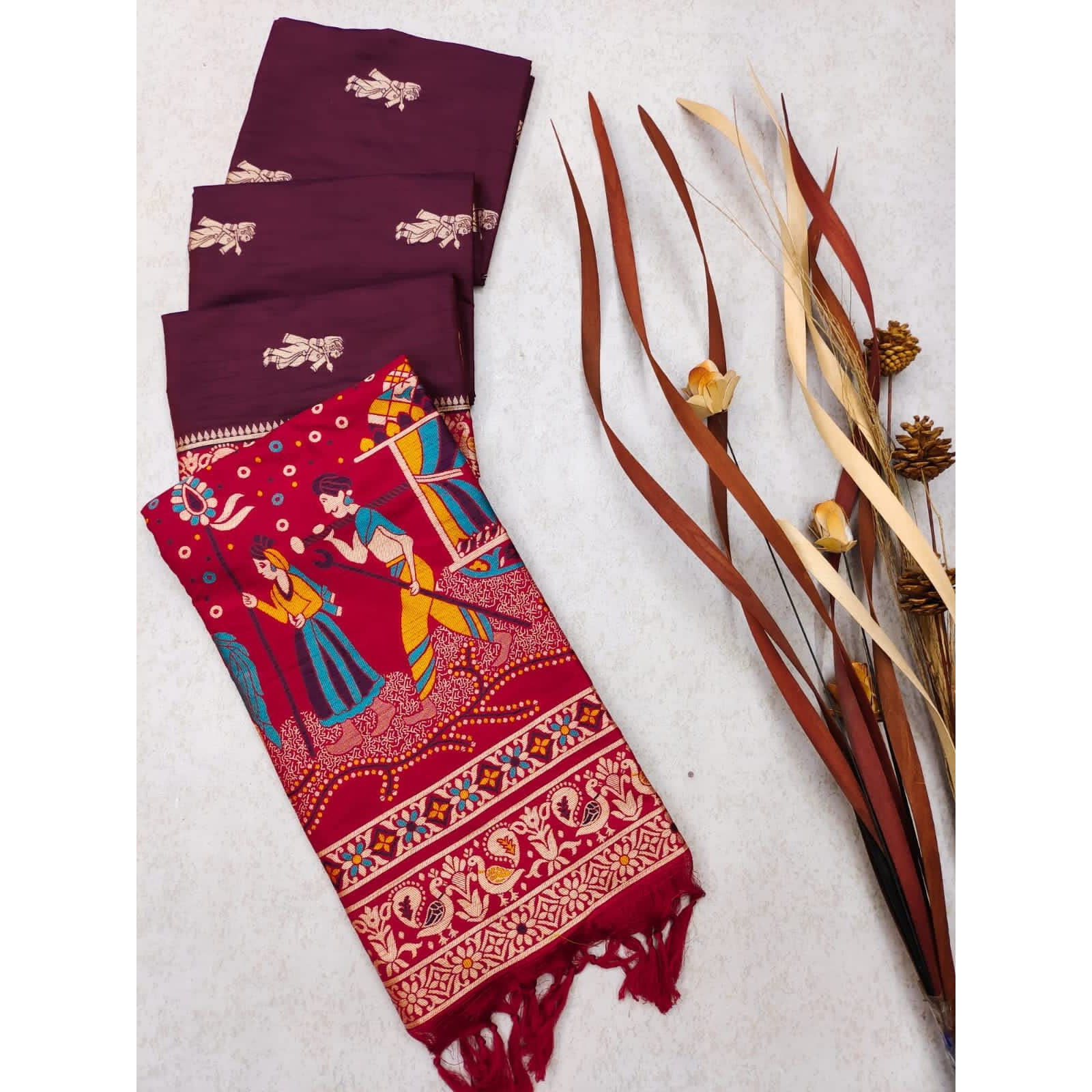 NK Textiles Womens Raw Silk Saree (C54ISH1001_Wine)
