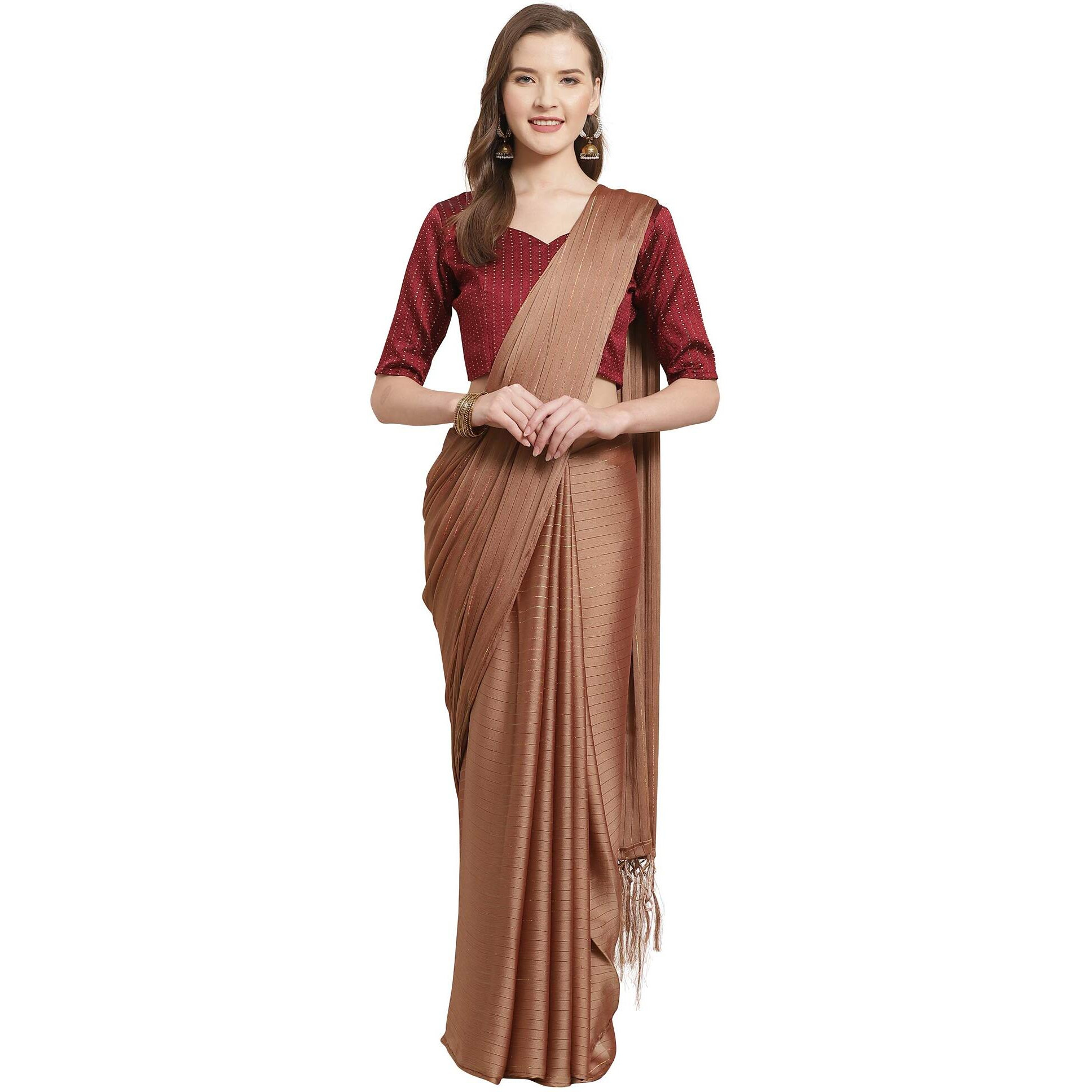 AKHILAM Womens Striped Poly Georgette Chanderi Saree with Blouse Piece (ARTA4214, Brown)