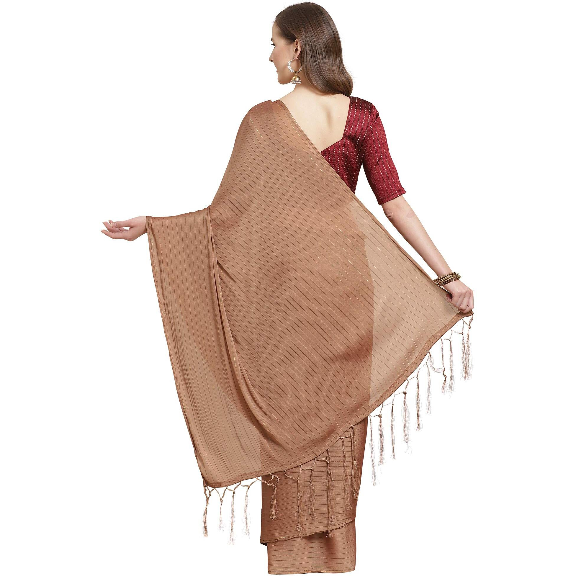 AKHILAM Womens Striped Poly Georgette Chanderi Saree with Blouse Piece (ARTA4214, Brown)